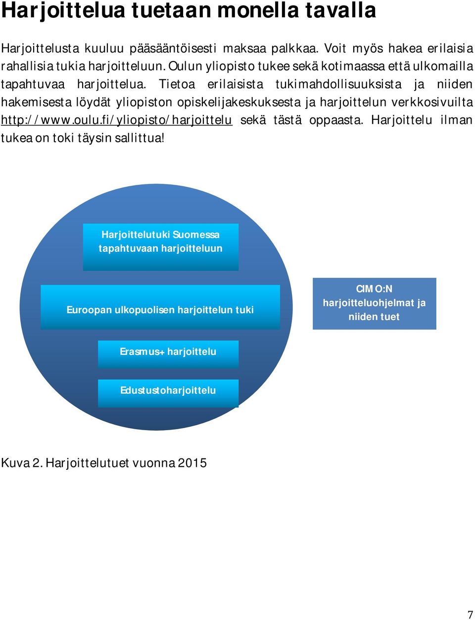 Tietoa erilaisista tukimahdollisuuksista ja niiden hakemisesta löydät yliopiston opiskelijakeskuksesta ja harjoittelun verkkosivuilta http://www.oulu.