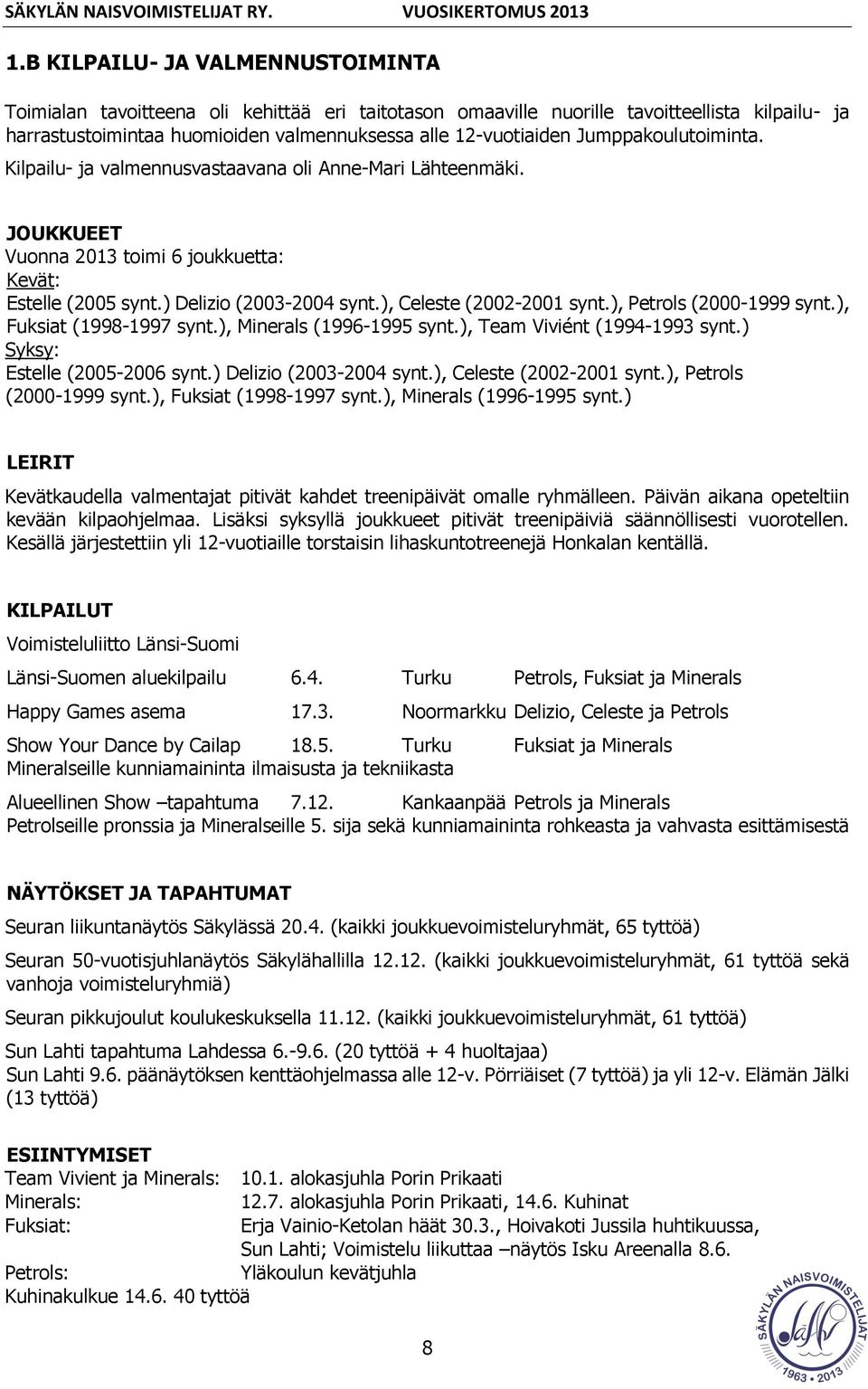 ), Celeste (2002-2001 synt.), Petrols (2000-1999 synt.), Fuksiat (1998-1997 synt.), Minerals (1996-1995 synt.), Team Viviént (1994-1993 synt.) Syksy: Estelle (2005-2006 synt.) Delizio (2003-2004 synt.
