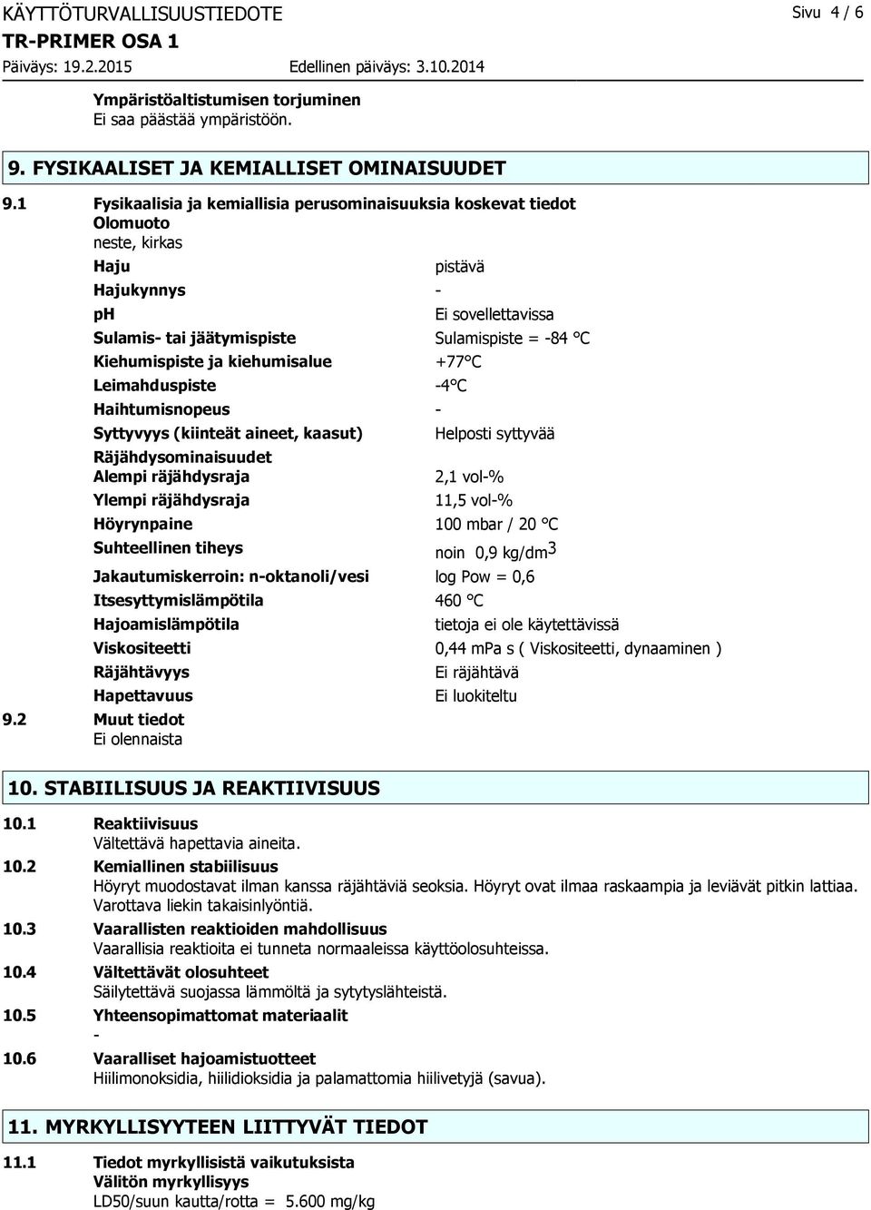 kiehumisalue Leimahduspiste Haihtumisnopeus Syttyvyys (kiinteät aineet, kaasut) Räjähdysominaisuudet Alempi räjähdysraja Ylempi räjähdysraja +77 C 4 C Helposti syttyvää 2,1 vol% 11,5 vol% Höyrynpaine