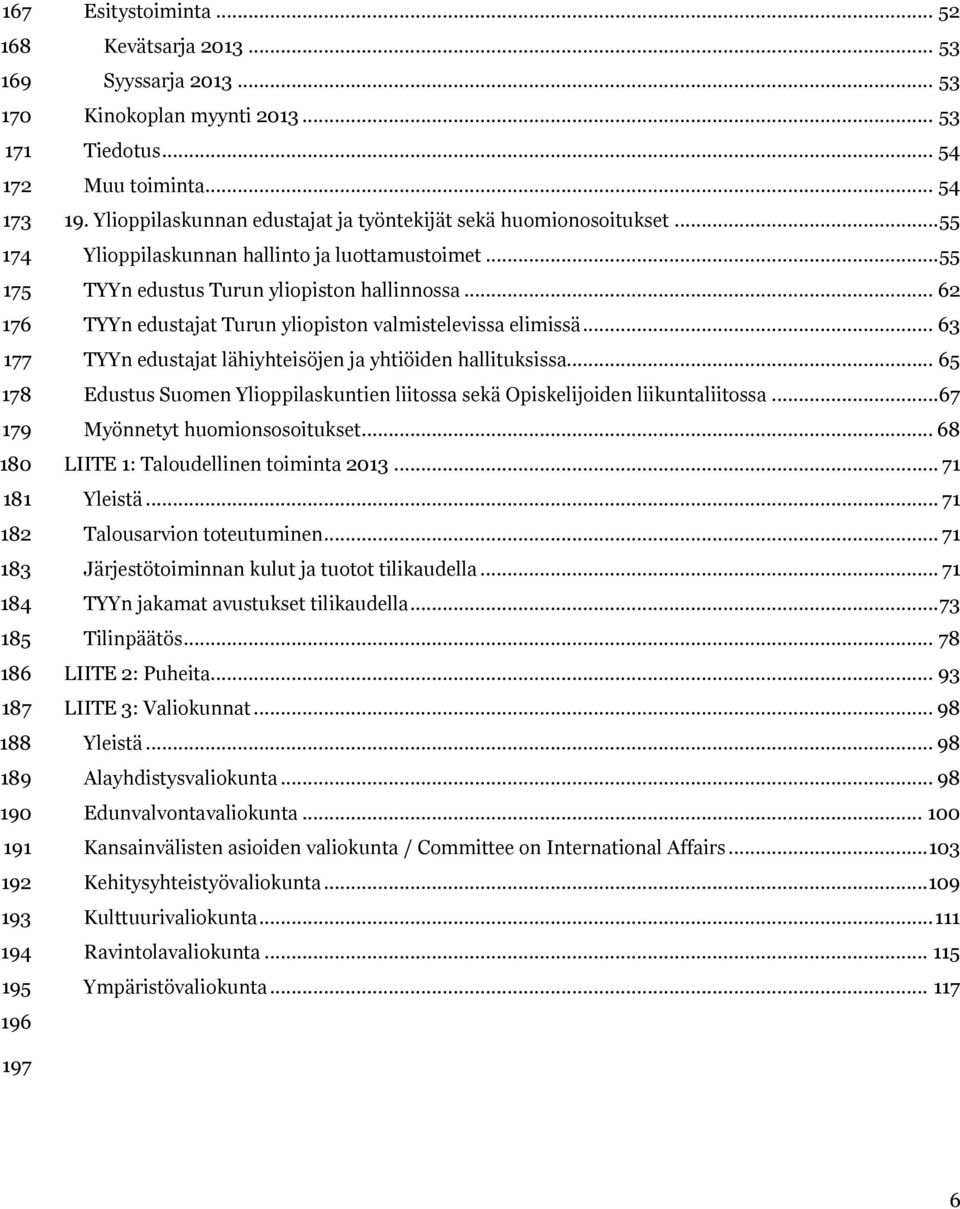 .. 55 TYYn edustus Turun yliopiston hallinnossa... 62 TYYn edustajat Turun yliopiston valmistelevissa elimissä... 63 TYYn edustajat lähiyhteisöjen ja yhtiöiden hallituksissa.