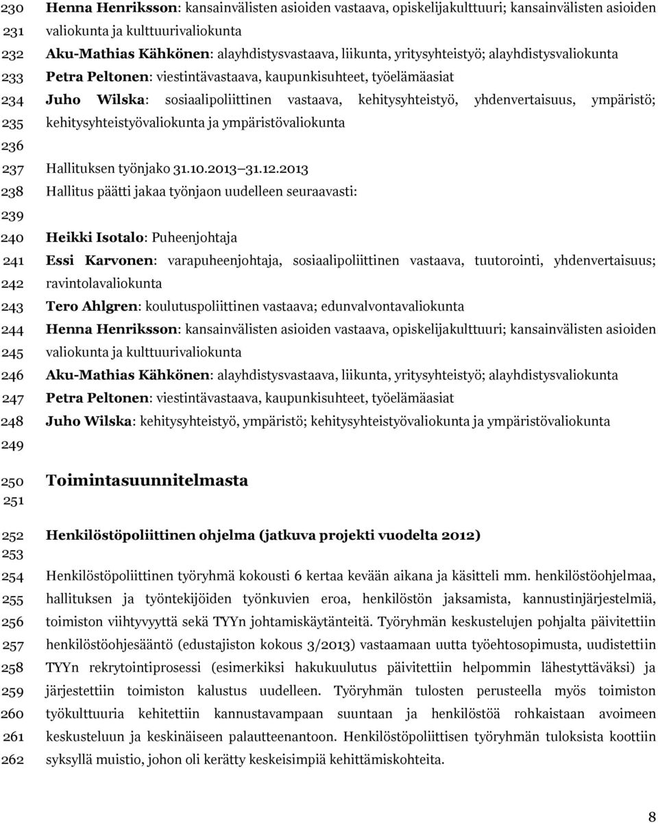 viestintävastaava, kaupunkisuhteet, työelämäasiat Juho Wilska: sosiaalipoliittinen vastaava, kehitysyhteistyö, yhdenvertaisuus, ympäristö; kehitysyhteistyövaliokunta ja ympäristövaliokunta