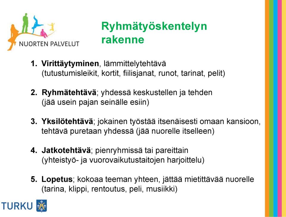 Yksilötehtävä; jokainen työstää itsenäisesti omaan kansioon, tehtävä puretaan yhdessä (jää nuorelle itselleen) 4.