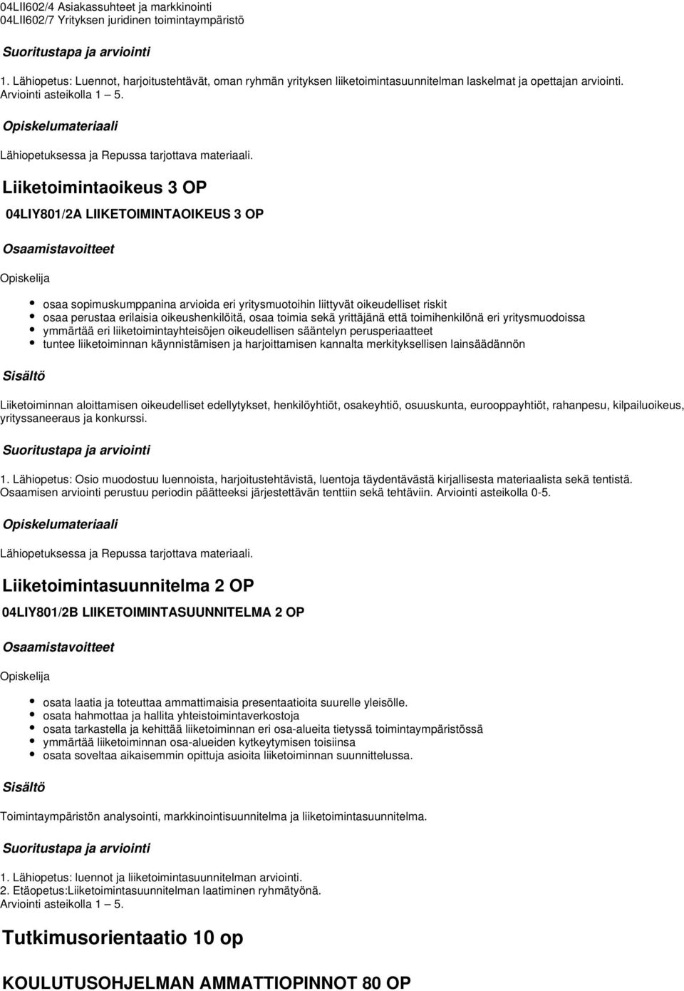 Liiketoimintaoikeus 3 OP 04LIY801/2A LIIKETOIMINTAOIKEUS 3 OP osaa sopimuskumppanina arvioida eri yritysmuotoihin liittyvät oikeudelliset riskit osaa perustaa erilaisia oikeushenkilöitä, osaa toimia