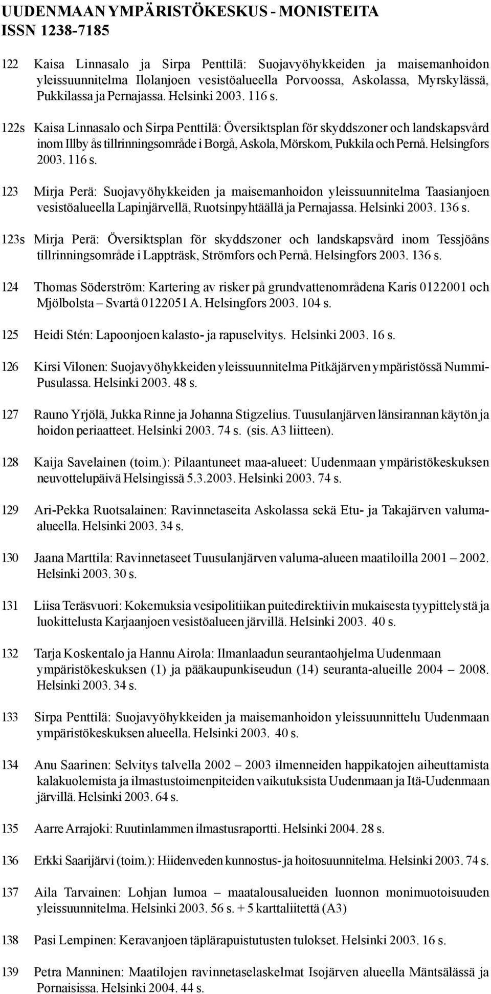 122s Kaisa Linnasalo och Sirpa Penttilä: Översiktsplan för skyddszoner och landskapsvård inom Illby ås tillrinningsområde i Borgå, Askola, Mörskom, Pukkila och Pernå. Helsingfors 2003. 116 s.