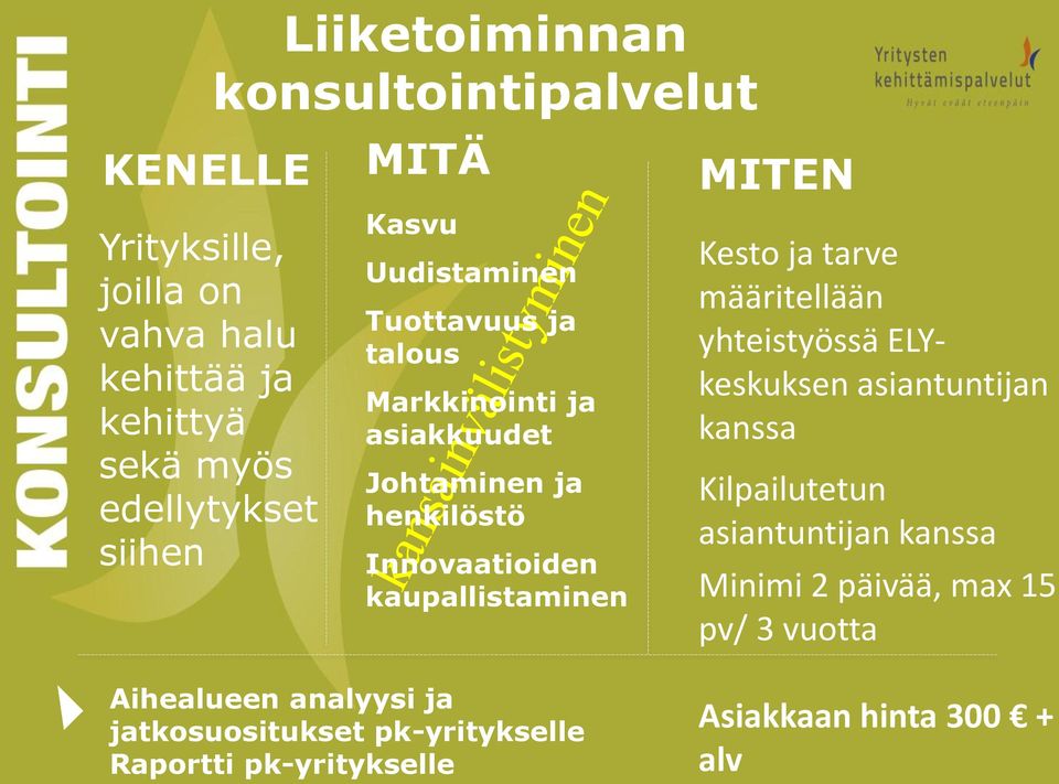 kaupallistaminen MITEN Kesto ja tarve määritellään yhteistyössä ELYkeskuksen asiantuntijan kanssa Kilpailutetun asiantuntijan