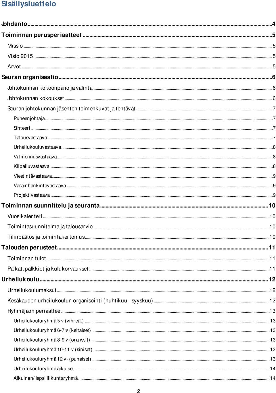..9 Varainhankintavastaava...9 Projektivastaava...9 Toiminnansuunnittelujaseuranta...10 Vuosikalenteri...10 Toimintasuunnitelmajatalousarvio...10 Tilinpäätösjatoimintakertomus...10 Taloudenperusteet.