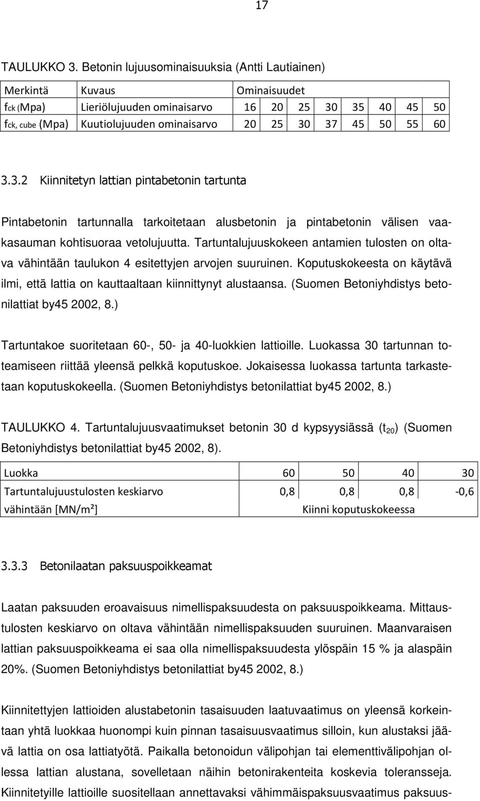 55 60 3.3.2 Kiinnitetyn lattian pintabetonin tartunta Pintabetonin tartunnalla tarkoitetaan alusbetonin ja pintabetonin välisen vaakasauman kohtisuoraa vetolujuutta.