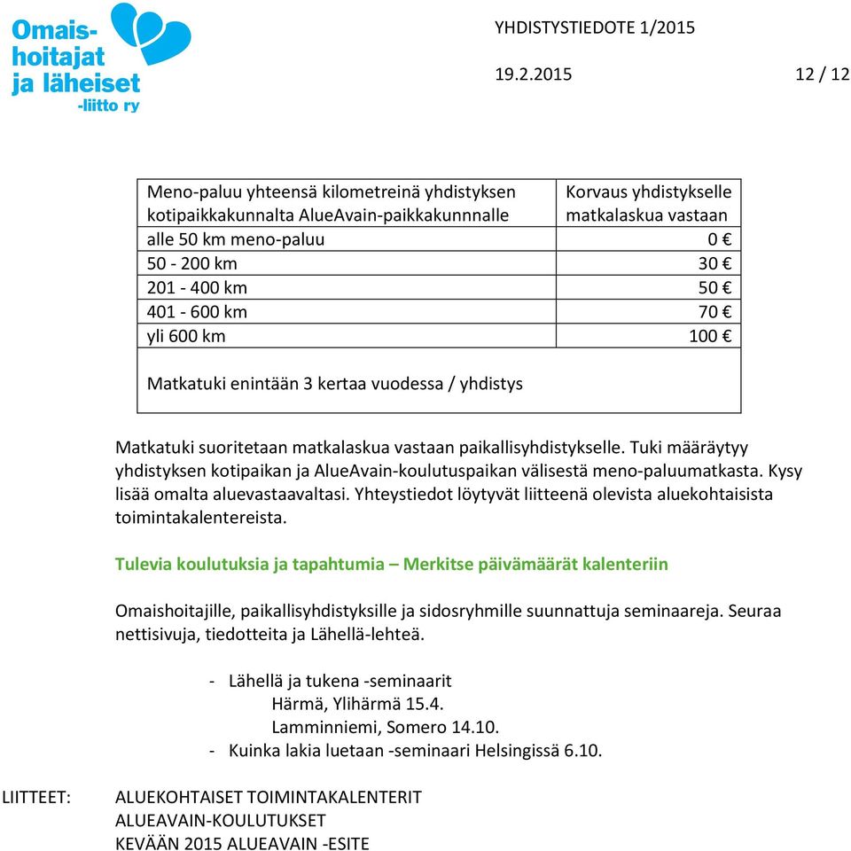 Tuki määräytyy yhdistyksen kotipaikan ja AlueAvain-koulutuspaikan välisestä meno-paluumatkasta. Kysy lisää omalta aluevastaavaltasi.