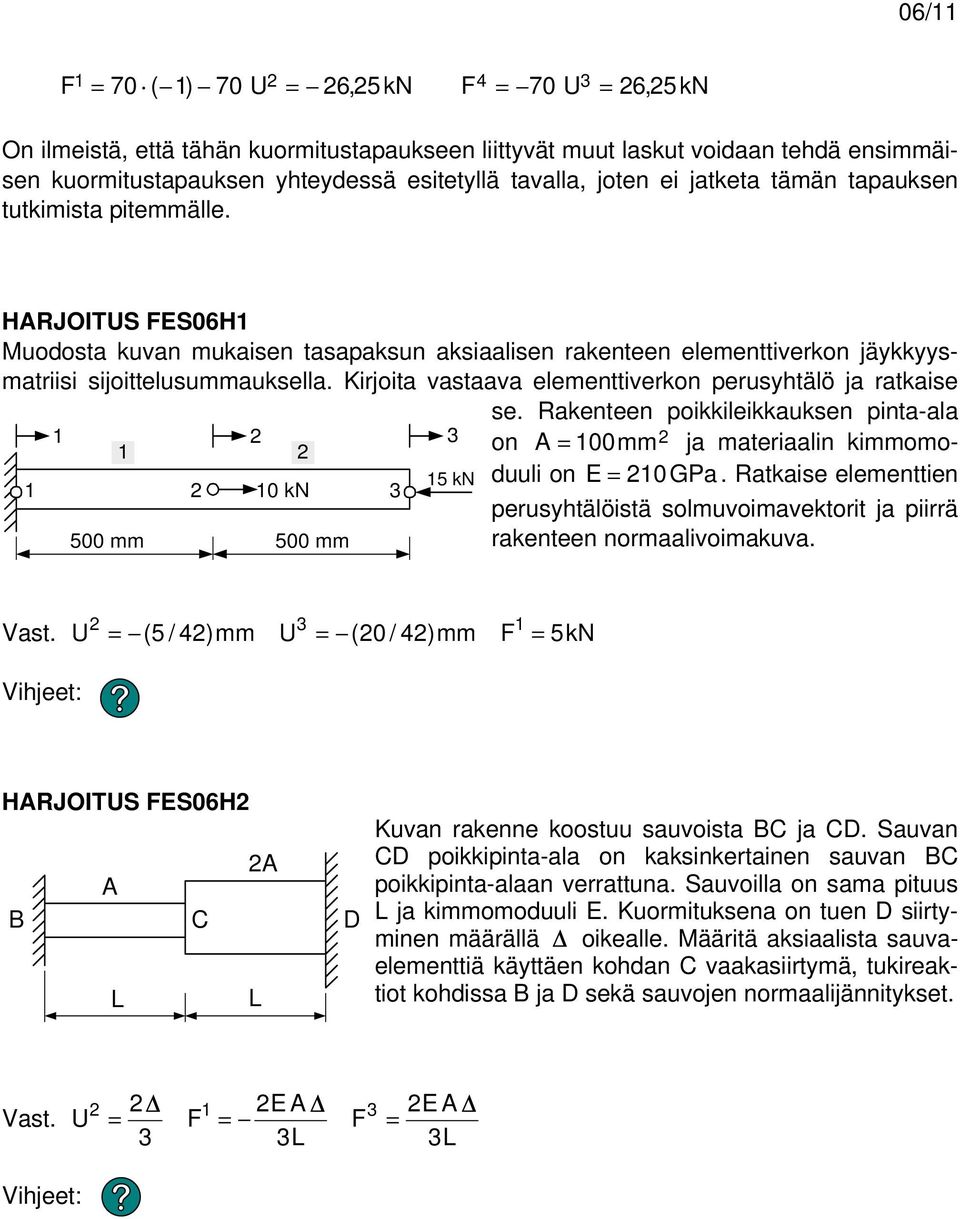 Raenteen poiileiausen pinta-ala on A mm ja materiaalin immomoduuli on E GPa. Rataise elementtien 5 N N perusyhtälöistä solmuvoimavetorit ja piirrä 5 mm 5 mm raenteen normaalivoimauva. Vast.