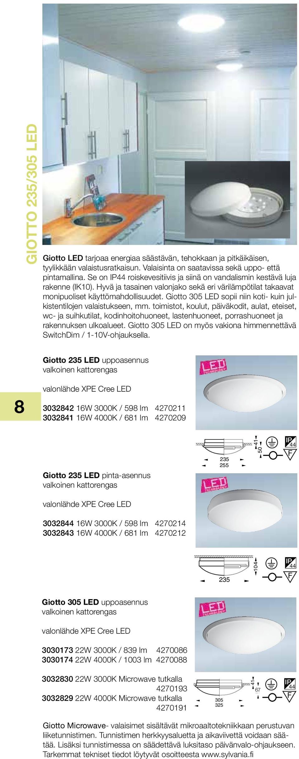 Giotto 305 LED sopii niin koti- kuin julkistentilojen valaistukseen, mm.