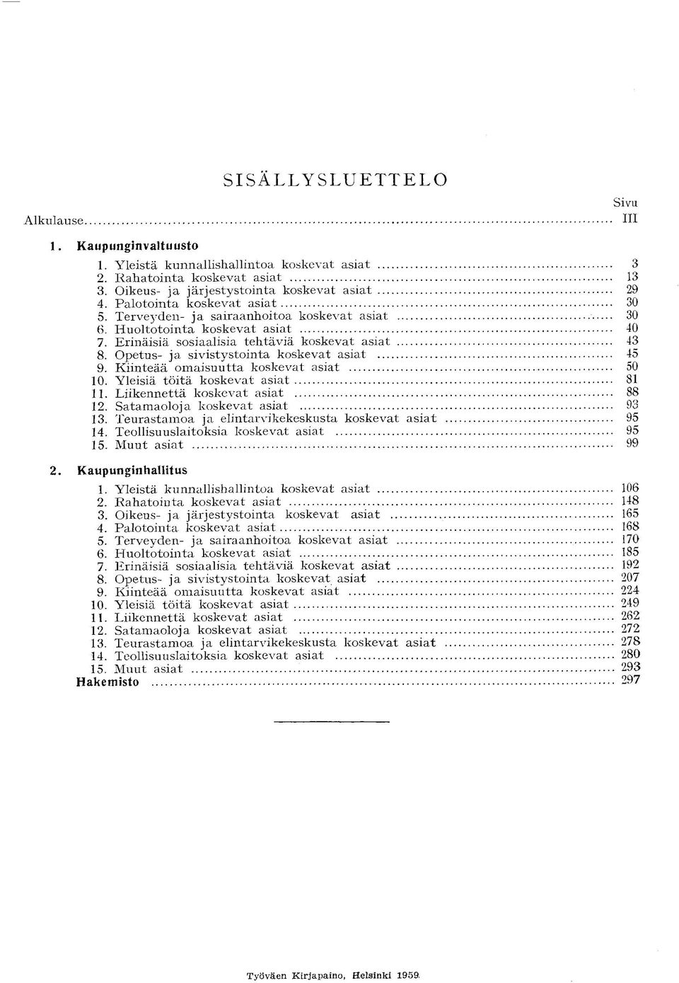 Yleistä kunnallishallintoa koskevat asiat R a h a t o i n t a k o s k e v a t asiat Oikeus- j a j ä r j e s t y s t o i n t a k o s k e v a t a s i a t P a l o t o i n t a k o s k e v a t asiat