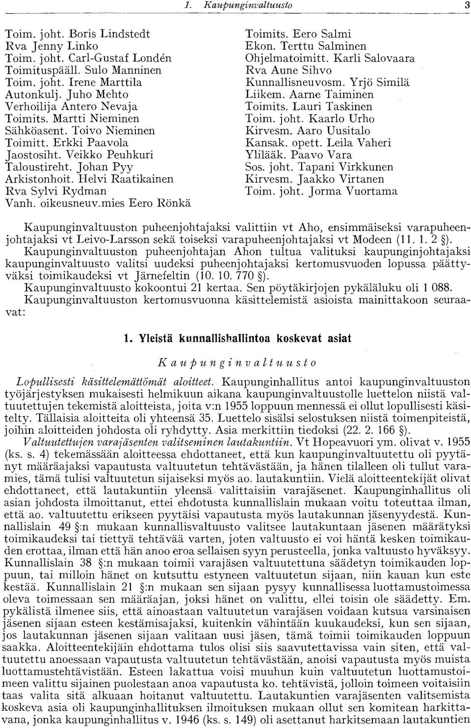 Helvi Raatikainen Rva Sylvi Rydman Vanh. oikeusneuv.mies Eero Rönkä Toimits. Eero Salmi Ekon. Terttu Salminen Ohj elmatoimitt. Karli Salovaara Rva Aune Sihvo Kunnallisneuvosm. Yrjö Similä Liikem.