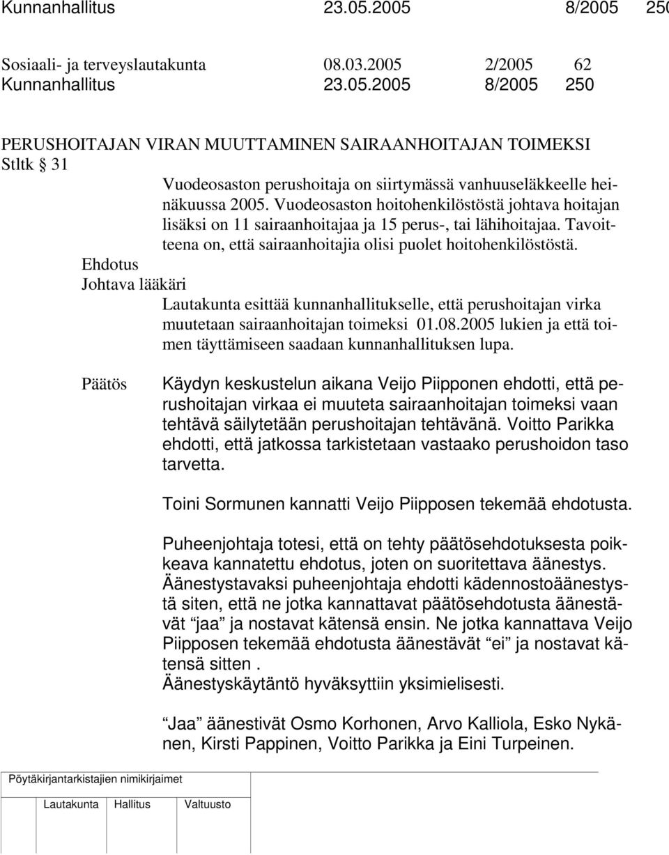 Ehdotus Johtava lääkäri Lautakunta esittää kunnanhallitukselle, että perushoitajan virka muutetaan sairaanhoitajan toimeksi 01.08.