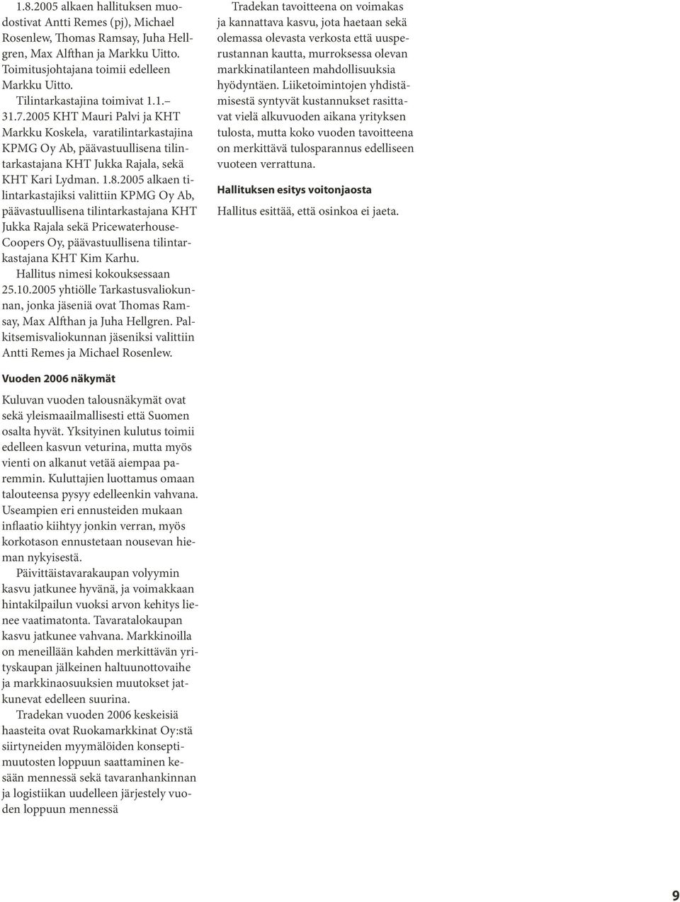 2005 alkaen tilintarkastajiksi valittiin KPMG Oy Ab, päävastuullisena tilintarkastajana KHT Jukka Rajala sekä Pricewaterhouse- Coopers Oy, päävastuullisena tilintarkastajana KHT Kim Karhu.