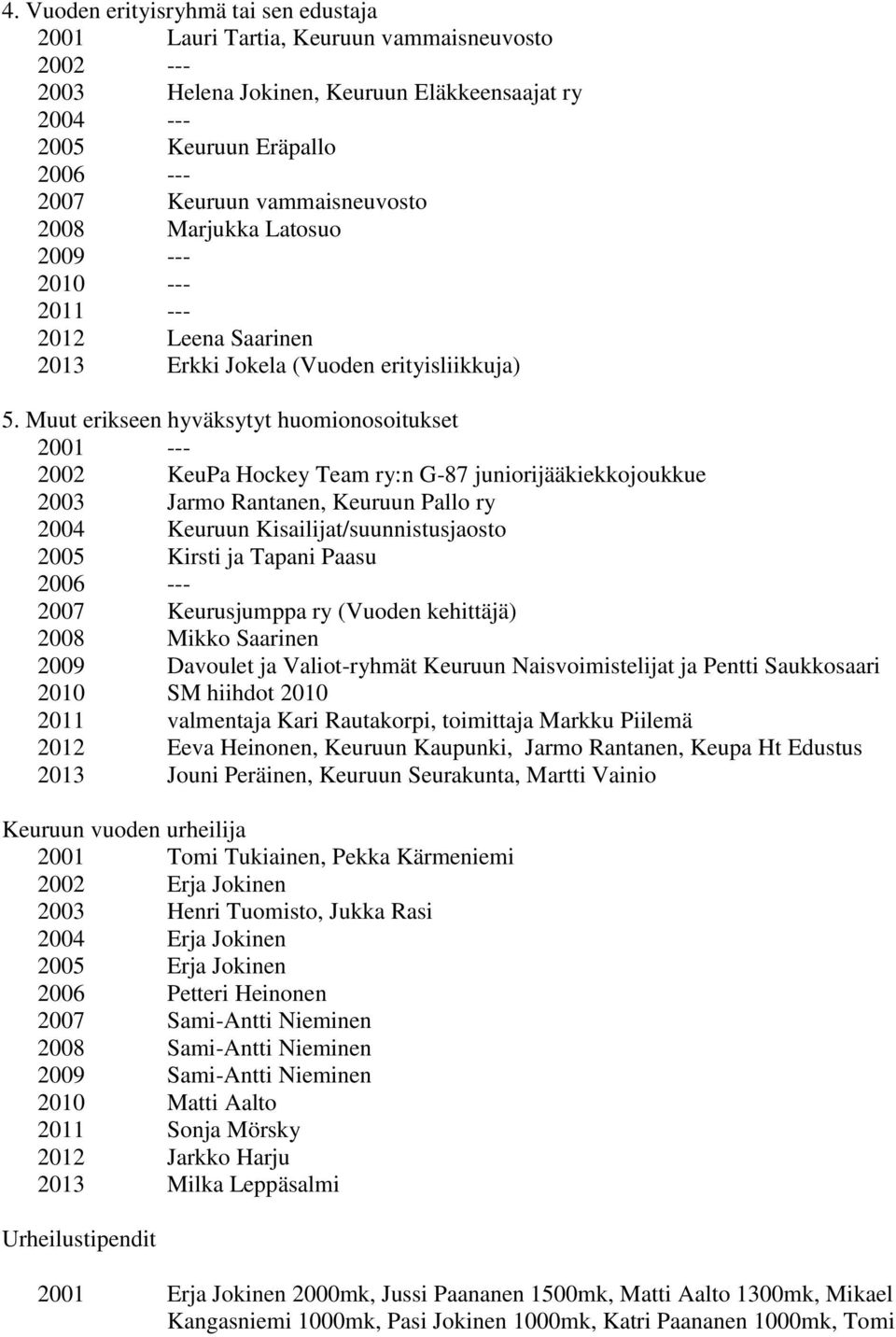 Muut erikseen hyväksytyt huomionosoitukset 2001 --- 2002 KeuPa Hockey Team ry:n G-87 juniorijääkiekkojoukkue 2003 Jarmo Rantanen, Keuruun Pallo ry 2004 Keuruun Kisailijat/suunnistusjaosto Kirsti ja