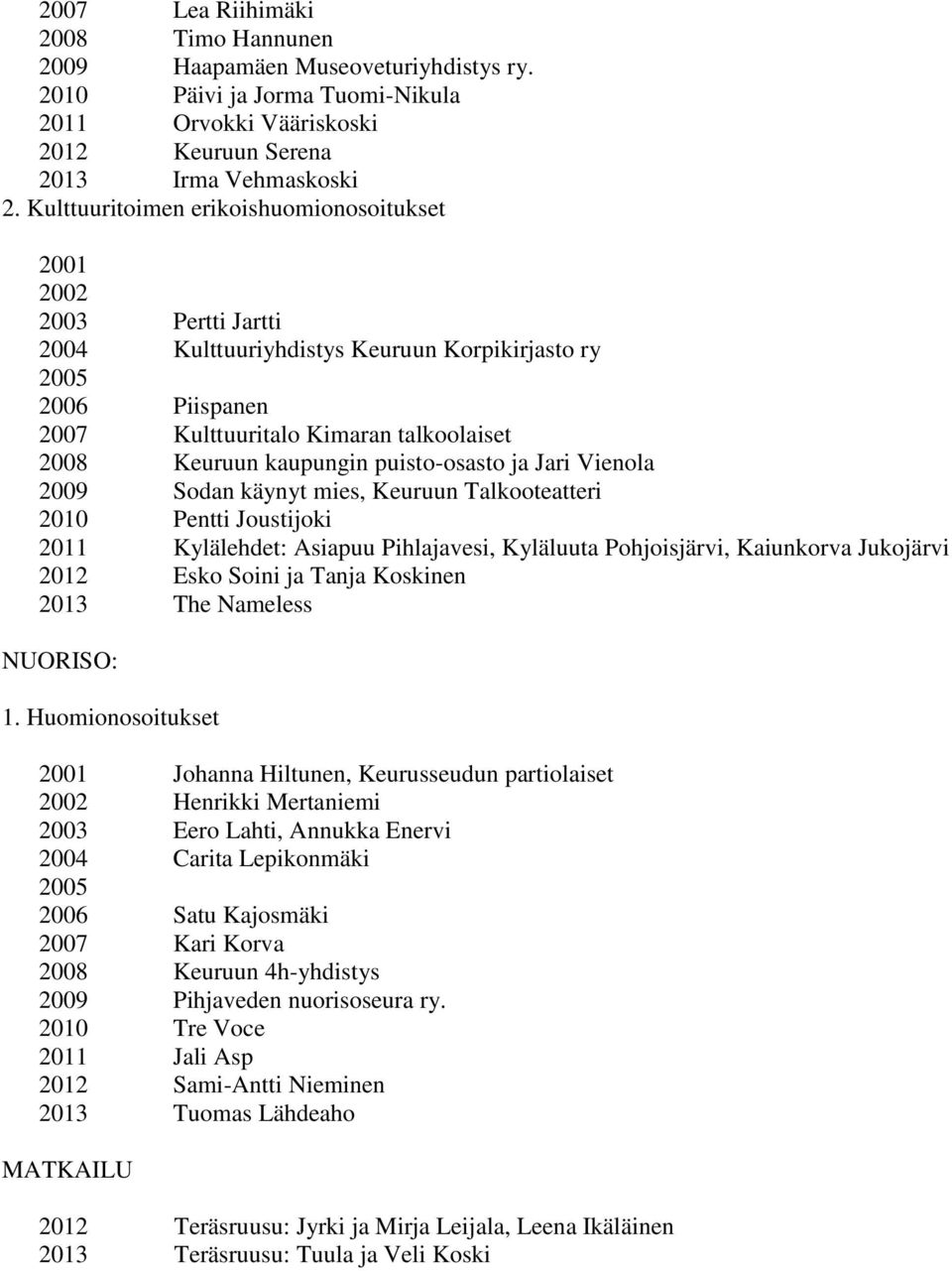 puisto-osasto ja Jari Vienola 2009 Sodan käynyt mies, Keuruun Talkooteatteri 2010 Pentti Joustijoki 2011 Kylälehdet: Asiapuu Pihlajavesi, Kyläluuta Pohjoisjärvi, Kaiunkorva Jukojärvi 2012 Esko Soini