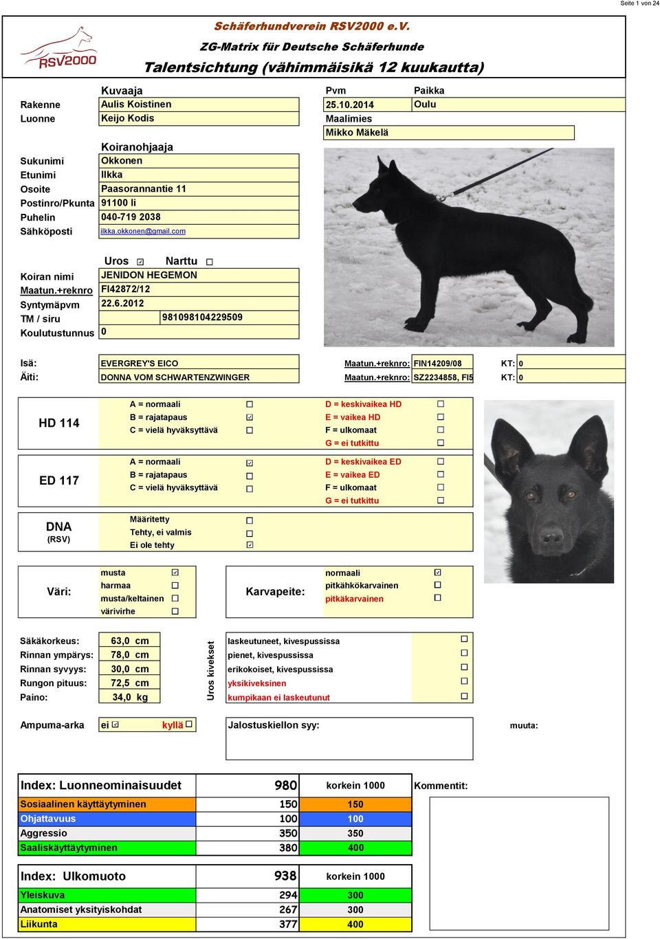 com Koiran nimi Maatun.+reknro Syntymäpvm TM / siru Koulutustunnus Uros Narttu JENIDON HEGEMON FI42872/2 22.6.202 0 980980422909 Schäferhundverein RSV2000 e.v. ZG-Matrix für Deutsche Schäferhunde Talentsichtung (vähimmäisikä 2 kuukautta) Kuva Isä: EVERGREY'S EICO Maatun.