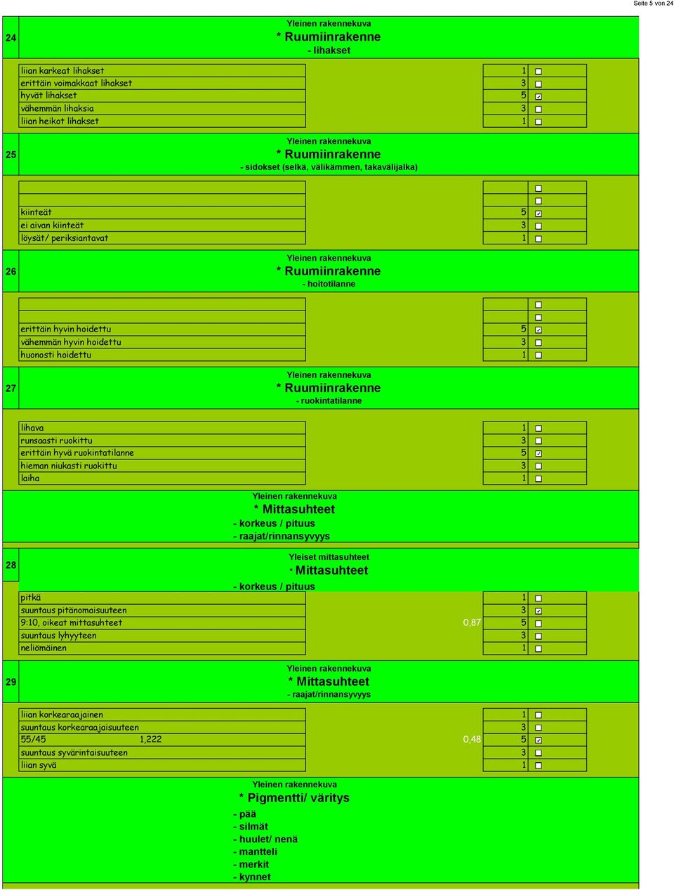 ruokintatilanne lihava runsaasti ruokittu erittäin hyvä ruokintatilanne hieman niukasti ruokittu laiha 28 * Mittasuhteet - korkeus / pituus - raajat/rinnansyvyys Yleiset mittasuhteet * Mittasuhteet -