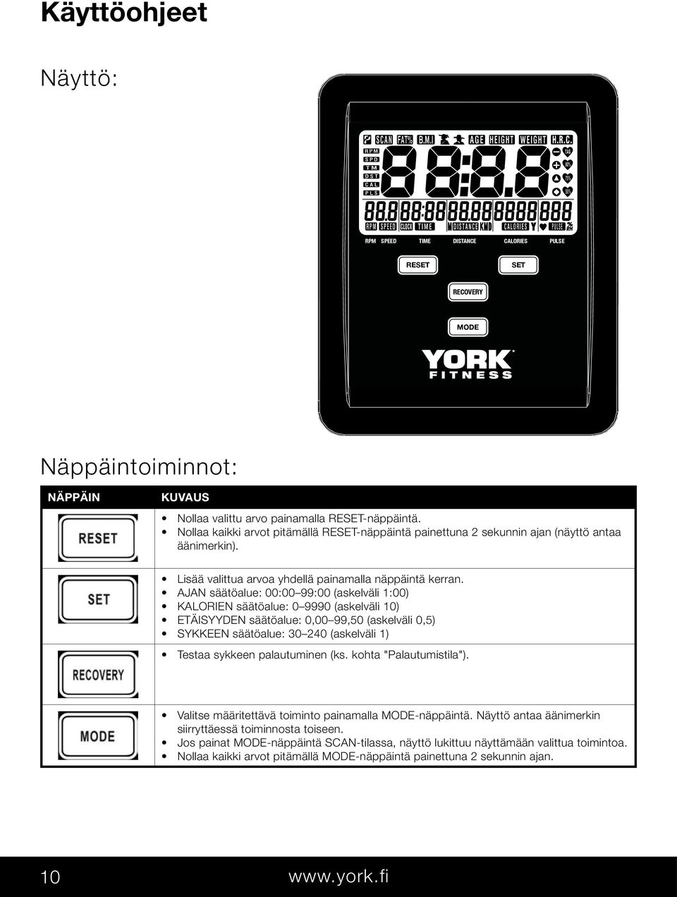 AJAN säätöalue: 00:00 99:00 (askelväli 1:00) KALORIEN säätöalue: 0 9990 (askelväli 10) ETÄISYYDEN säätöalue: 0,00 99,50 (askelväli 0,5) SYKKEEN säätöalue: 30 240 (askelväli 1) Testaa sykkeen