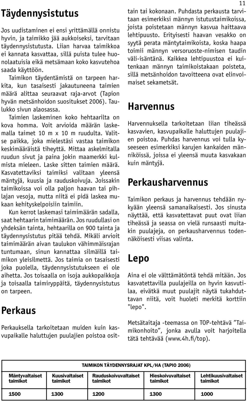 Taimikon täydentämistä on tarpeen harkita, kun tasaisesti jakautuneena taimien määrä alittaa seuraavat raja-arvot (Tapion hyvän metsänhoidon suositukset 2006). Taulukko sivun alaosassa.