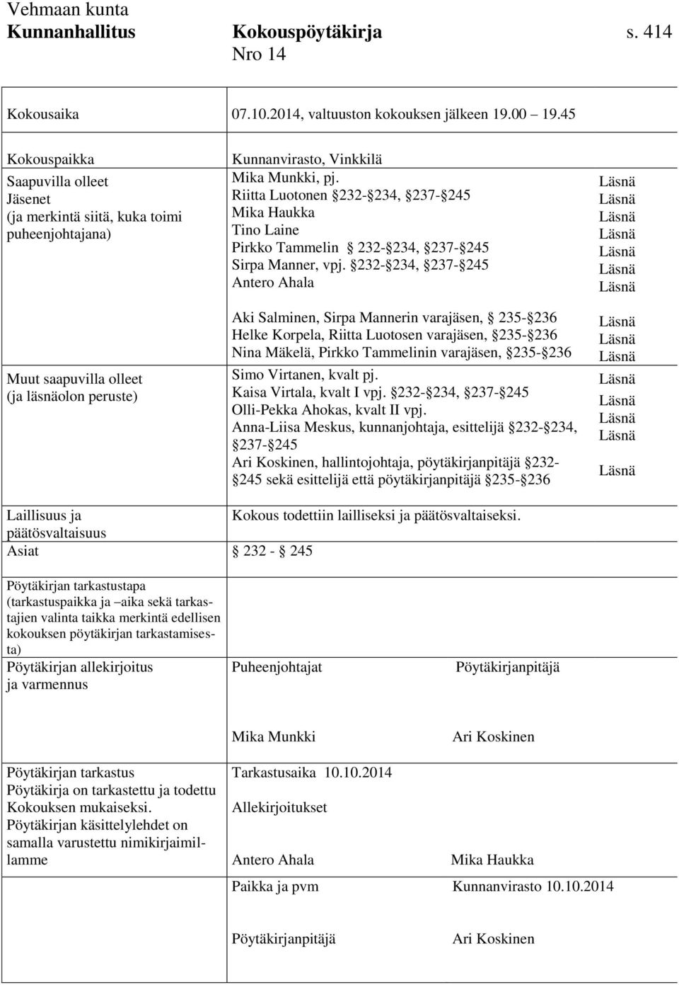 Riitta Luotonen 232-234, 237-245 Mika Haukka Tino Laine Pirkko Tammelin 232-234, 237-245 Sirpa Manner, vpj.