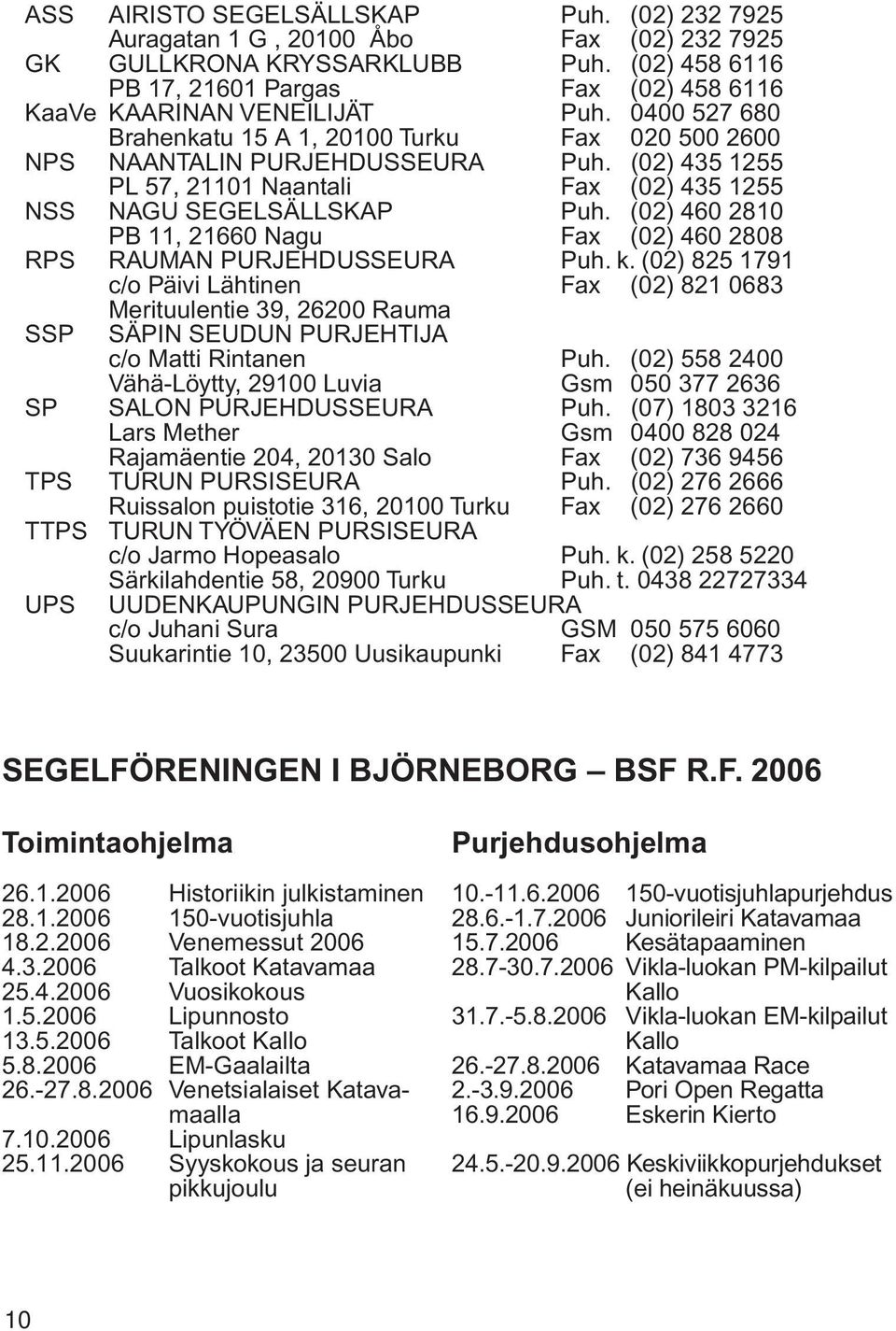 (02) 435 1255 PL 57, 21101 Naantali Fax (02) 435 1255 NSS NAGU SEGELSÄLLSKAP Puh. (02) 460 2810 PB 11, 21660 Nagu Fax (02) 460 2808 RPS RAUMAN PURJEHDUSSEURA Puh. k.