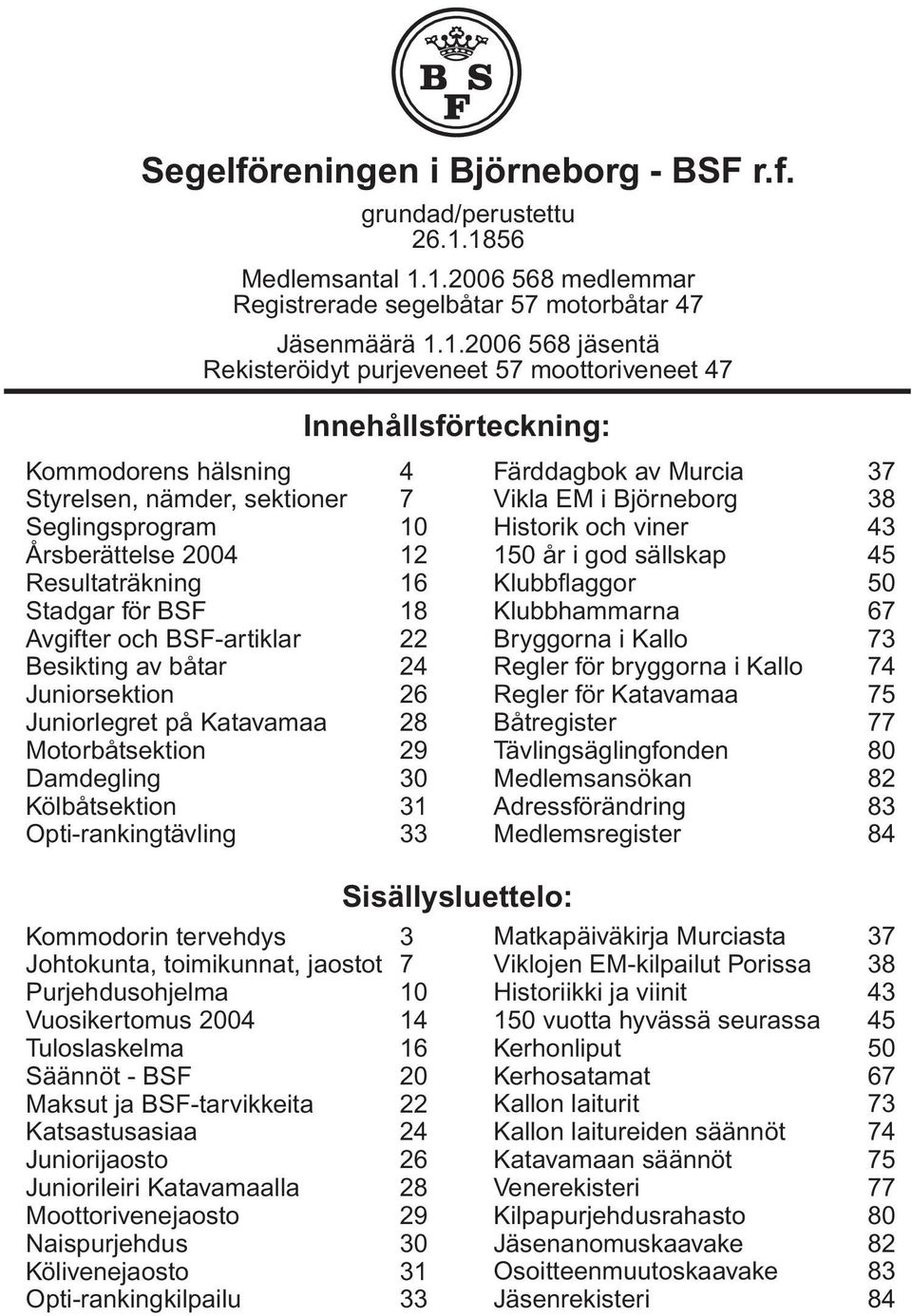 hälsning 4 Styrelsen, nämder, sektioner 7 Seglingsprogram 10 Årsberättelse 2004 12 Resultaträkning 16 Stadgar för BSF 18 Avgifter och BSF-artiklar 22 Besikting av båtar 24 Juniorsektion 26