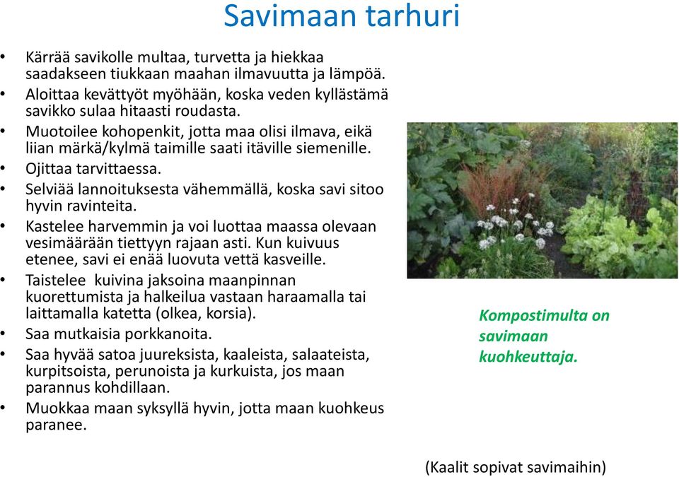 Kastelee harvemmin ja voi luottaa maassa olevaan vesimäärään tiettyyn rajaan asti. Kun kuivuus etenee, savi ei enää luovuta vettä kasveille.