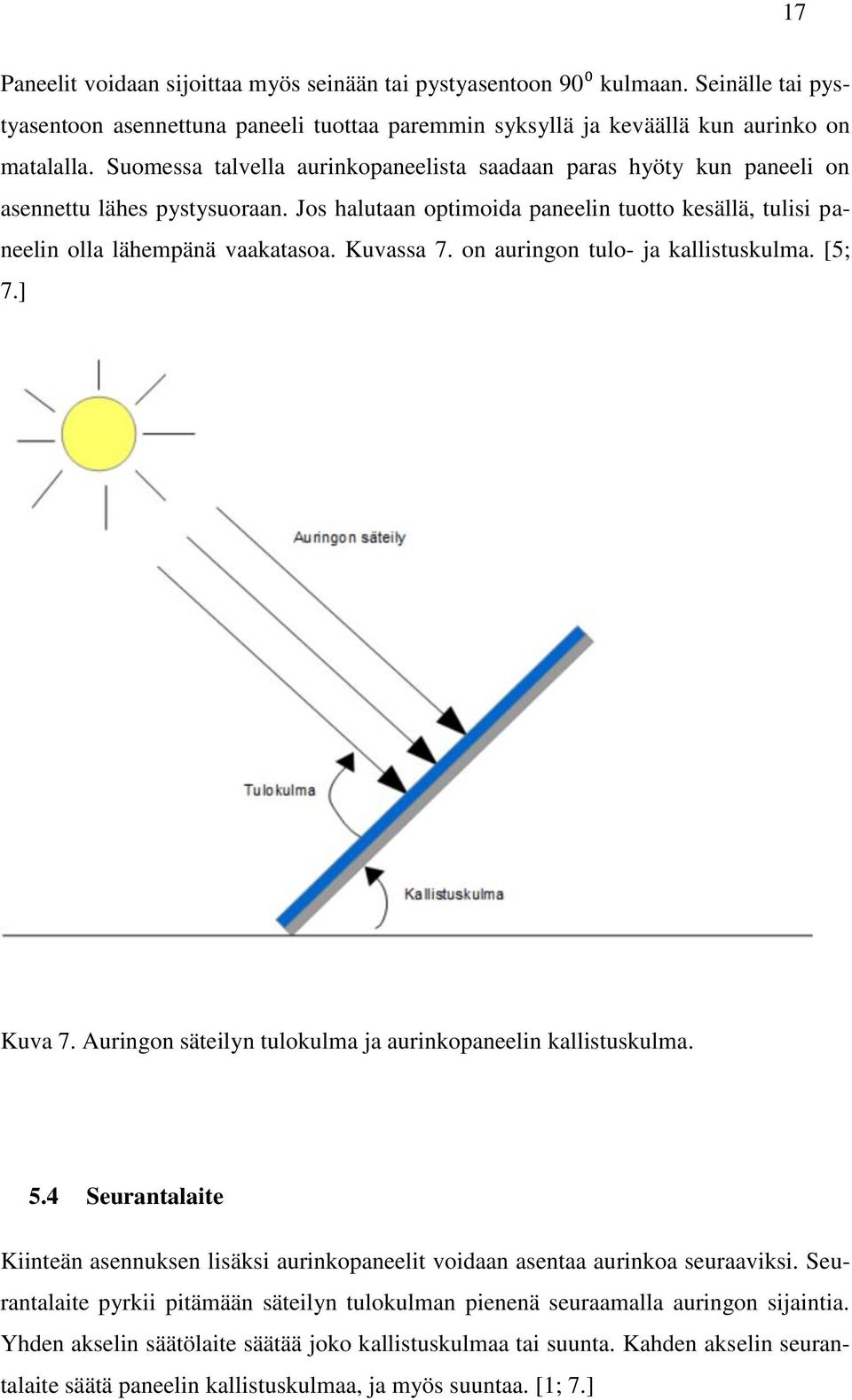 Kuvassa 7. on auringon tulo- ja kallistuskulma. [5; 7.] Kuva 7. Auringon säteilyn tulokulma ja aurinkopaneelin kallistuskulma. 5.