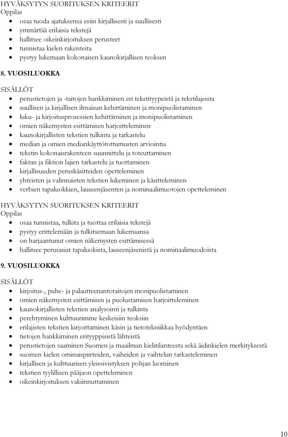 VUOSILUOKKA SISÄLLÖT perustietojen ja -taitojen hankkiminen eri tekstityypeistä ja tekstilajeista suullisen ja kirjallisen ilmaisun kehittäminen ja monipuolistaminen luku- ja kirjoitusprosessien