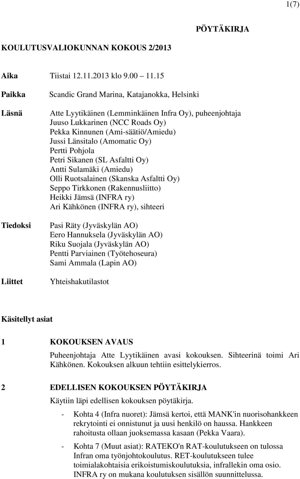 Jussi Länsitalo (Amomatic Oy) Pertti Pohjola Petri Sikanen (SL Asfaltti Oy) Antti Sulamäki (Amiedu) Olli Ruotsalainen (Skanska Asfaltti Oy) Seppo Tirkkonen (Rakennusliitto) Heikki Jämsä (INFRA ry)