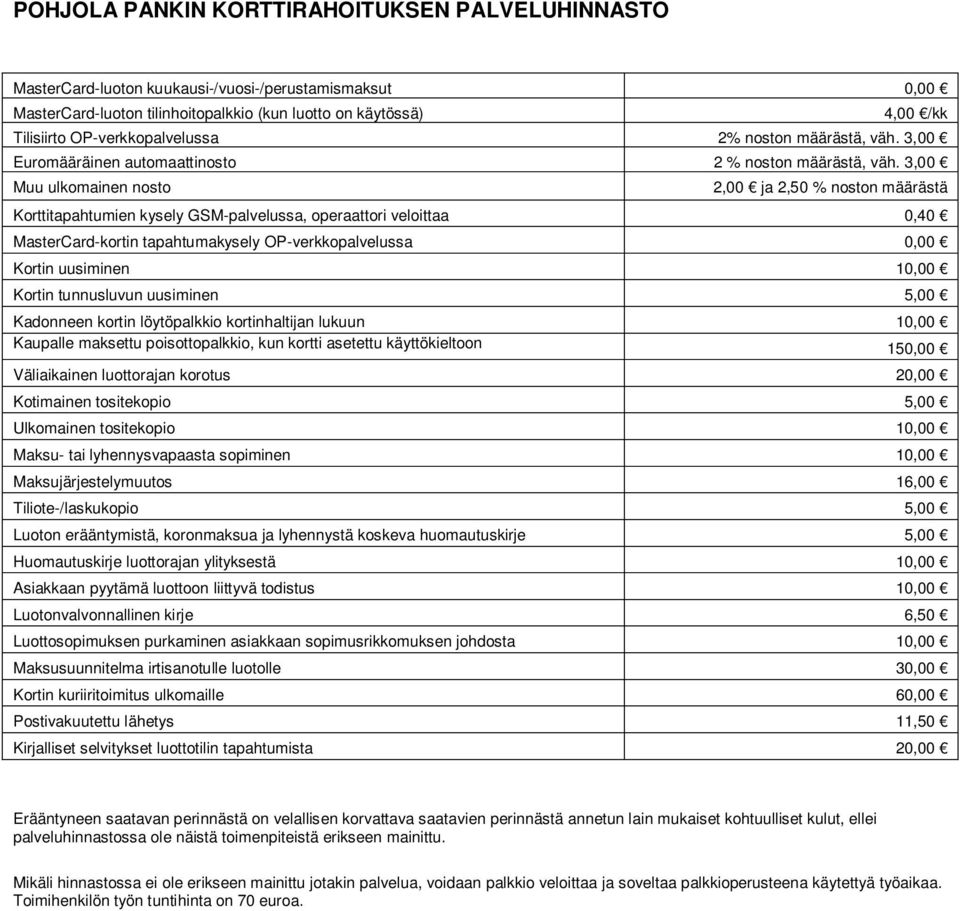 3,00 Muu ulkomainen nosto 2,00 ja 2,50 % noston määrästä Korttitapahtumien kysely GSM-palvelussa, operaattori veloittaa 0,40 MasterCard-kortin tapahtumakysely OP-verkkopalvelussa 0,00 Kortin