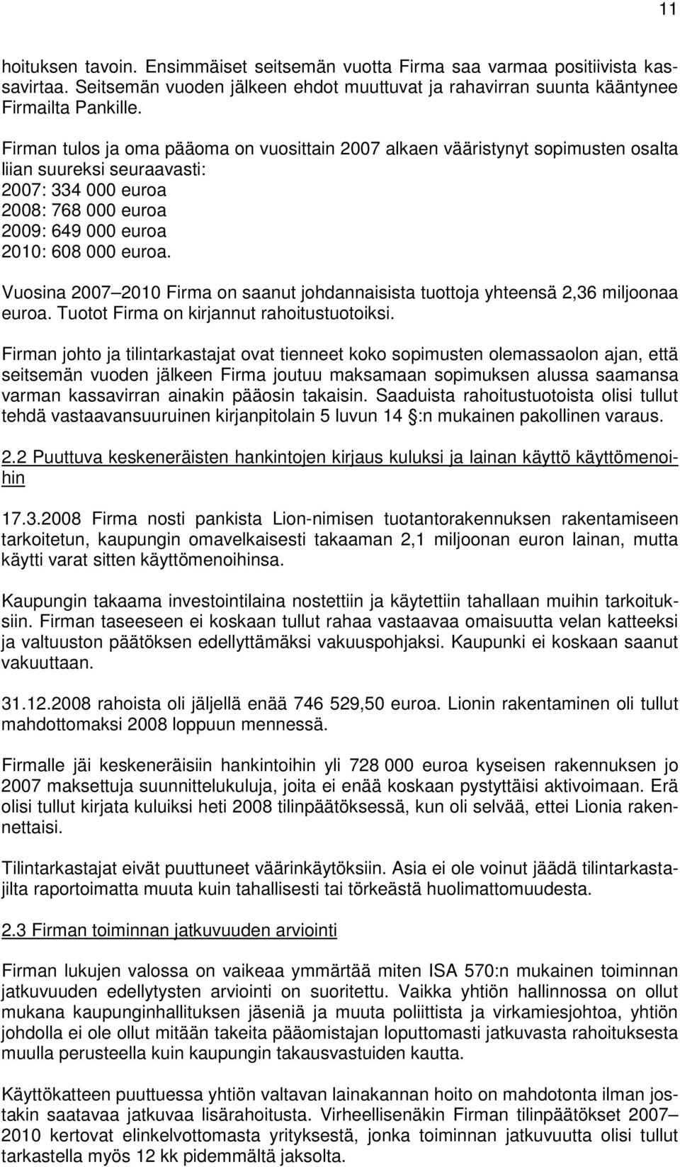 Vuosina 2007 2010 Firma on saanut johdannaisista tuottoja yhteensä 2,36 miljoonaa euroa. Tuotot Firma on kirjannut rahoitustuotoiksi.