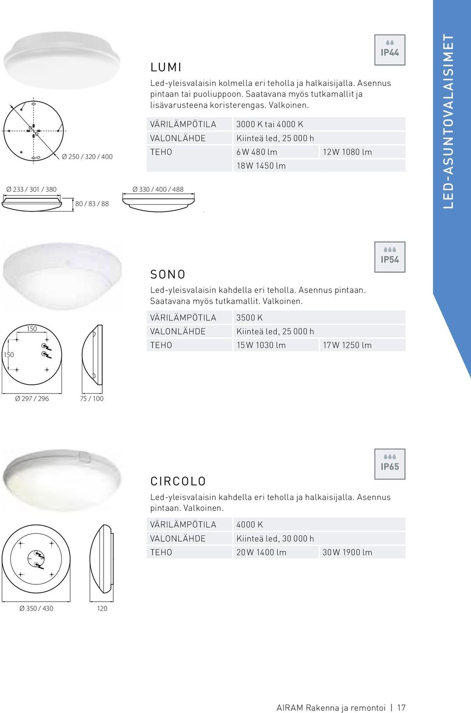 VÄRILÄMPÖTILA 3000 K tai 4000 K VALONLÄHDE Kiinteä led, 25 000 h TEHO 6 W 480 lm 12 W 1080 lm 18 W 1450 lm Ø 330 / 400 / 488 LED-ASUNTOVALAISIMET 150 150 SONO Led-yleisvalaisin kahdella eri teholla.