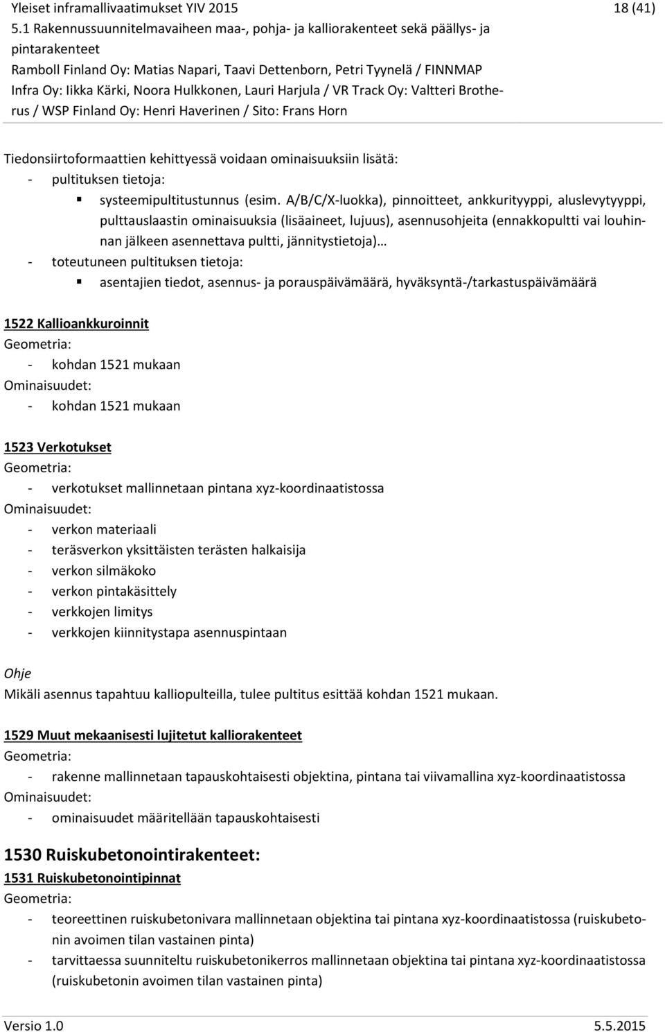 jännitystietoja) - toteutuneen pultituksen tietoja: asentajien tiedot, asennus- ja porauspäivämäärä, hyväksyntä-/tarkastuspäivämäärä 1522 Kallioankkuroinnit - kohdan 1521 mukaan - kohdan 1521 mukaan