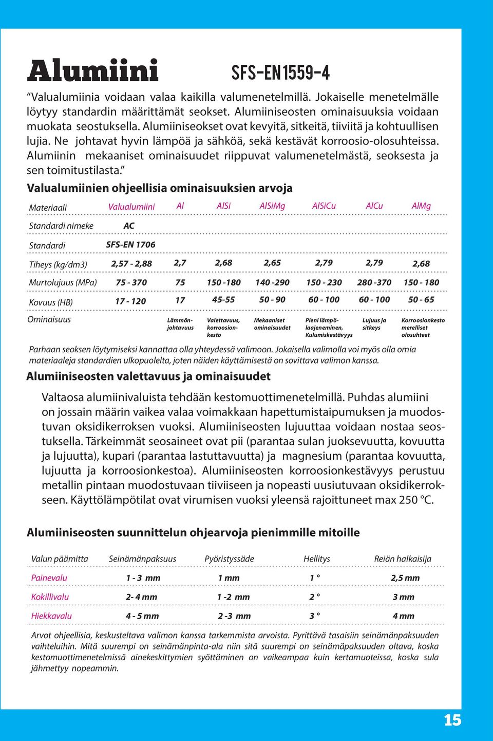 Alumiinin mekaaniset ominaisuudet riippuvat valumenetelmästä, seoksesta ja sen toimitustilasta.