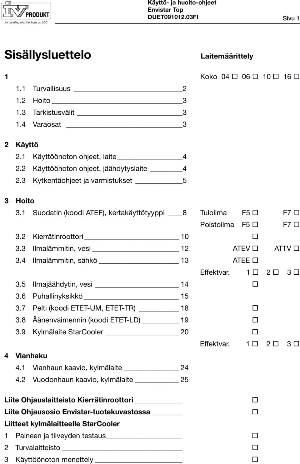 2 Kierrätinroottori 10 3.3 Ilmalämmitin, vesi 12 ATEV ATTV 3.4 Ilmalämmitin, sähkö 13 ATEE Effektvar. 1 2 3 3.5 Ilmajäähdytin, vesi 14 3.6 Puhallinyksikkö 15 3.7 Pelti (koodi ETET-UM, ETET-TR) 18 3.