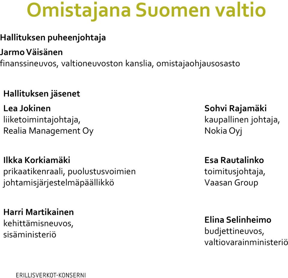 kaupallinen johtaja, Nokia Oyj Ilkka Korkiamäki prikaatikenraali, puolustusvoimien johtamisjärjestelmäpäällikkö Esa