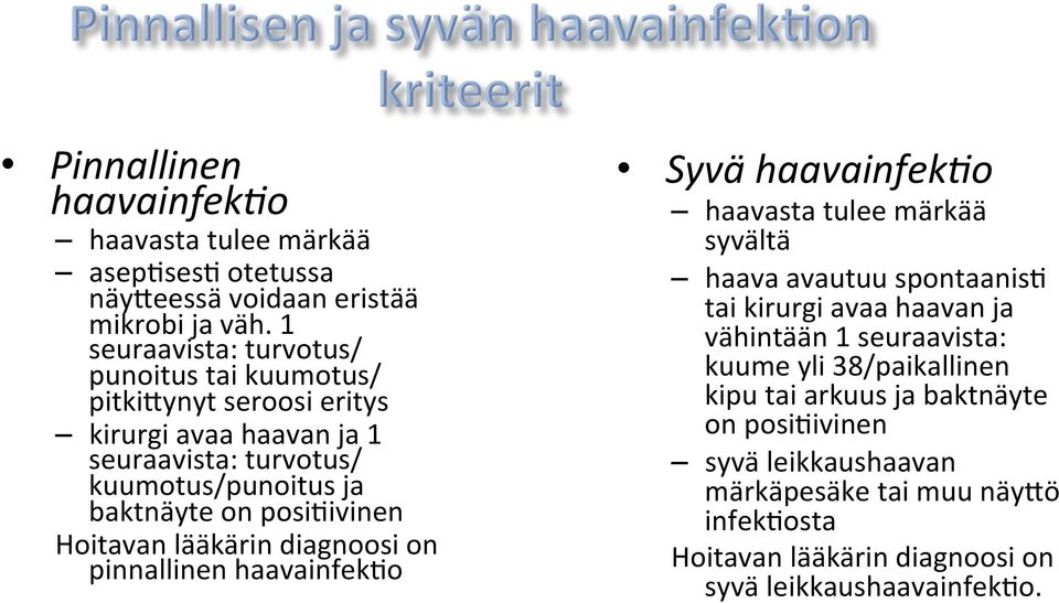 posi1ivinen Hoitavan lääkärin diagnoosi on pinnallinen haavainfek1o Syvä haavainfek,o haavasta tulee märkää syvältä haava avautuu spontaanis1 tai kirurgi avaa