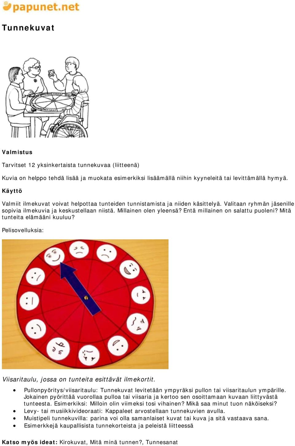 Entä millainen on salattu puoleni? Mitä tunteita elämääni kuuluu? Pelisovelluksia: Viisaritaulu, jossa on tunteita esittävät ilmekortit.