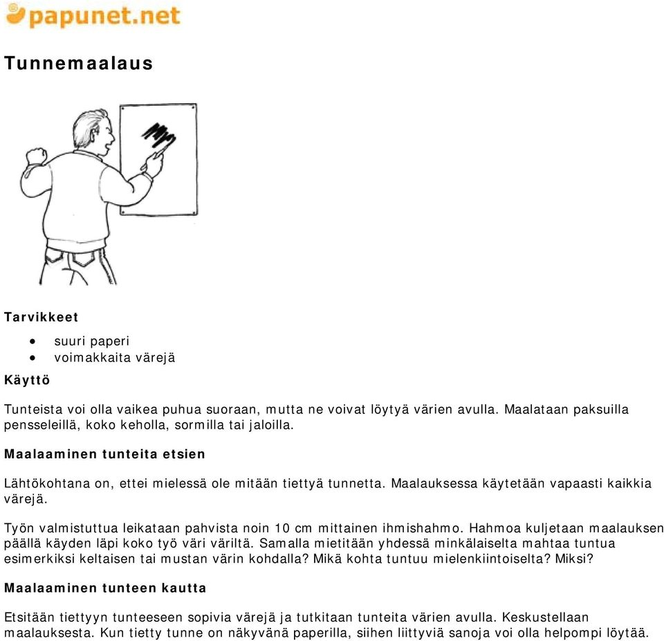 Maalauksessa käytetään vapaasti kaikkia värejä. Työn valmistuttua leikataan pahvista noin 10 cm mittainen ihmishahmo. Hahmoa kuljetaan maalauksen päällä käyden läpi koko työ väri väriltä.