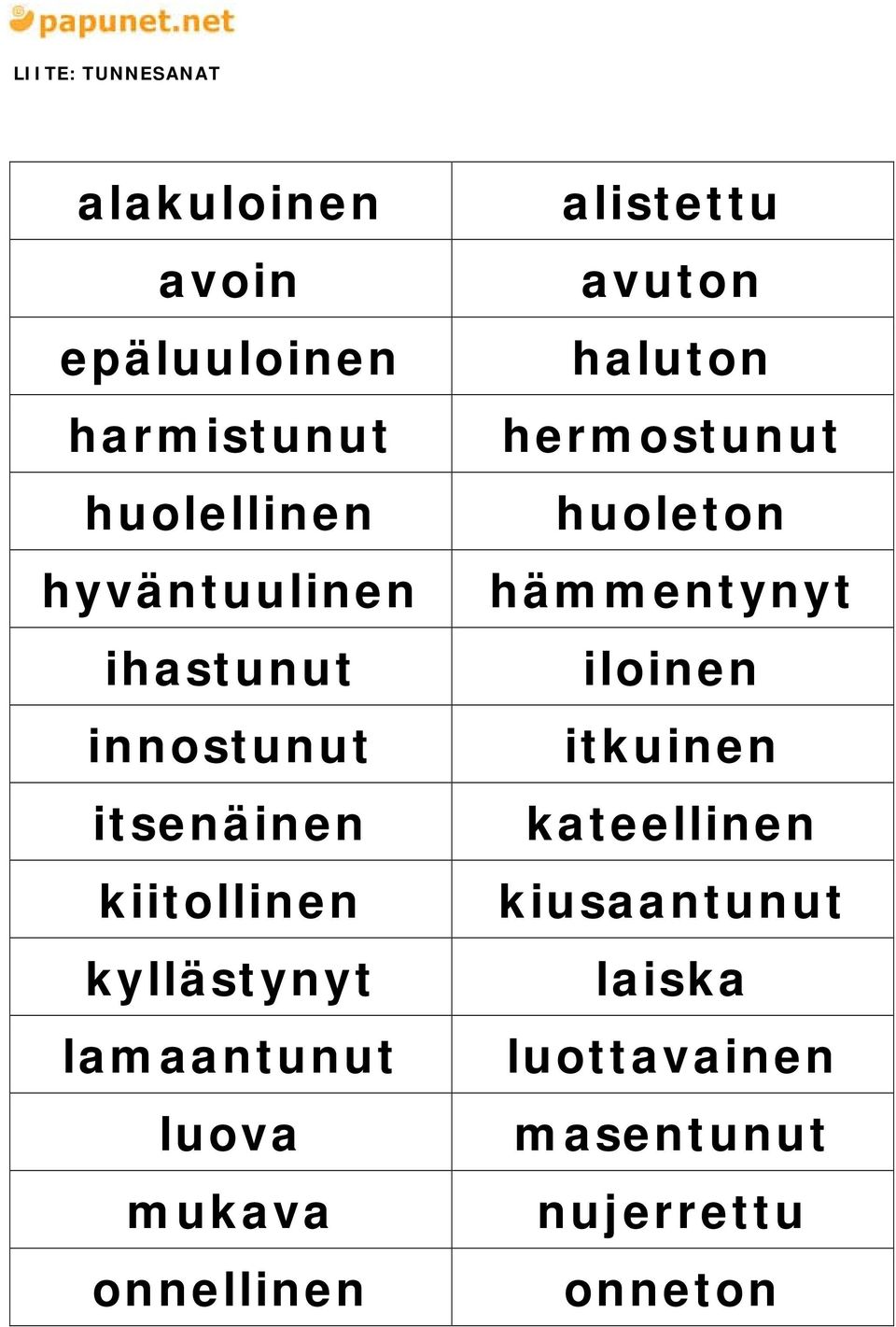 luova mukava onnellinen alistettu avuton haluton hermostunut huoleton hämmentynyt