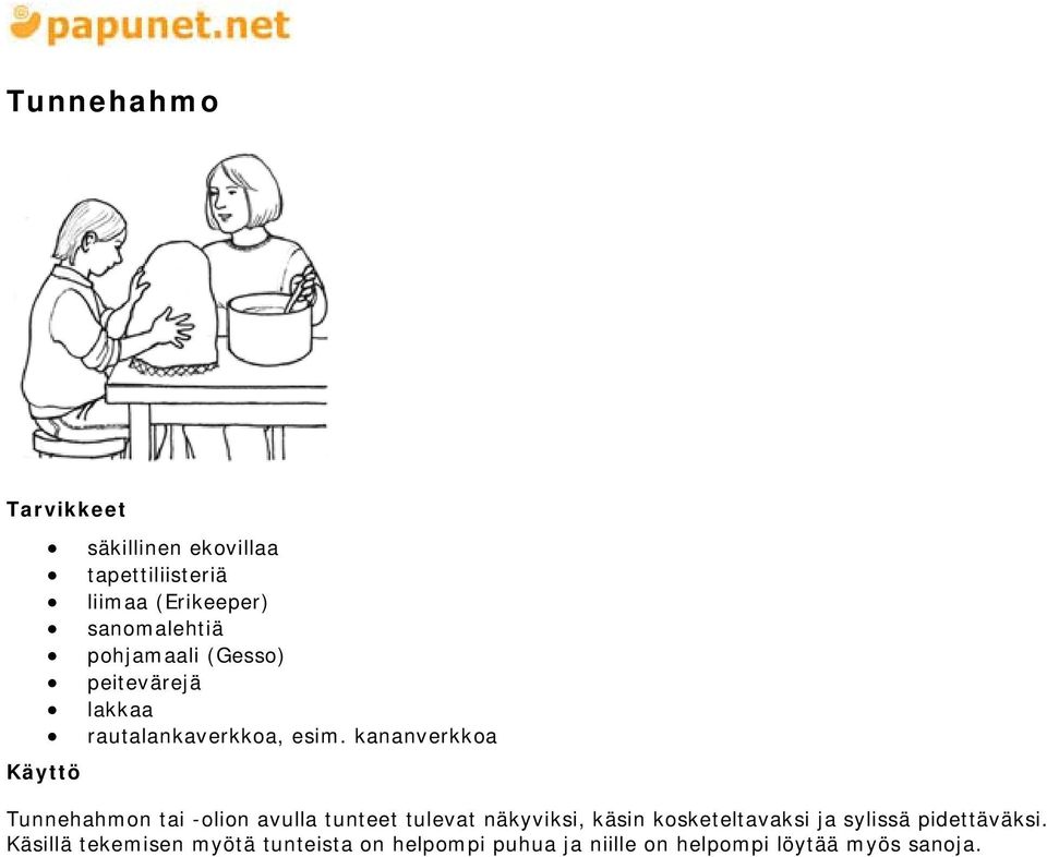 kananverkkoa Käyttö Tunnehahmon tai -olion avulla tunteet tulevat näkyviksi, käsin