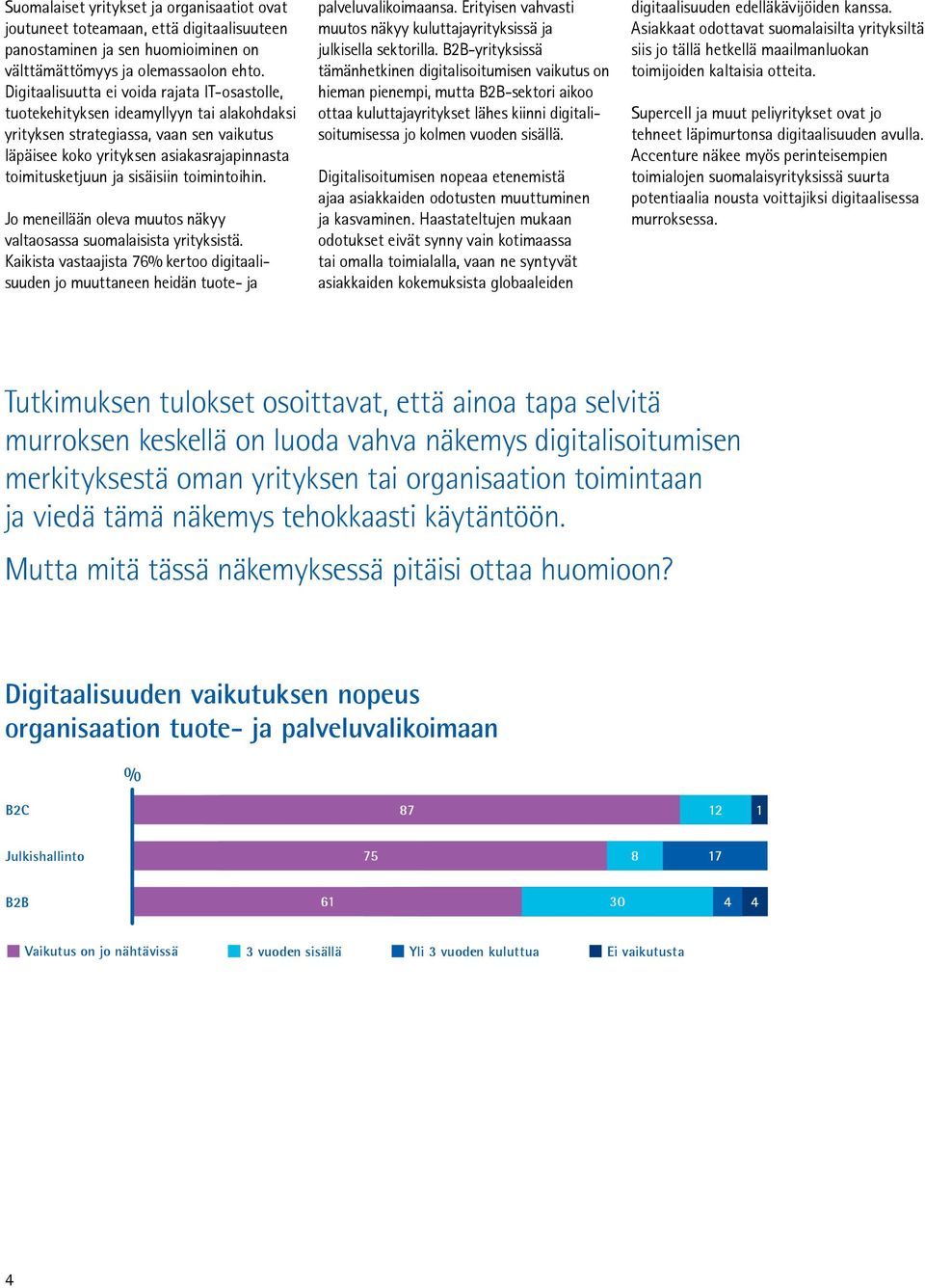 sisäisiin toimintoihin. Jo meneillään oleva muutos näkyy valtaosassa suomalaisista yrityksistä. Kaikista vastaajista 76% kertoo digitaalisuuden jo muuttaneen heidän tuote- ja palveluvalikoimaansa.