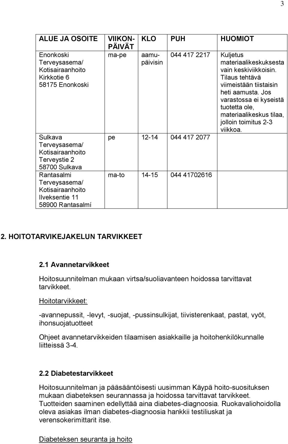 Tilaus tehtävä viimeistään tiistaisin heti aamusta. Jos varastossa ei kyseistä tuotetta ole, materiaalikeskus tilaa, jolloin toimitus 2-3 viikkoa. 2. HOITOTARVIKEJAKELUN TARVIKKEET 2.