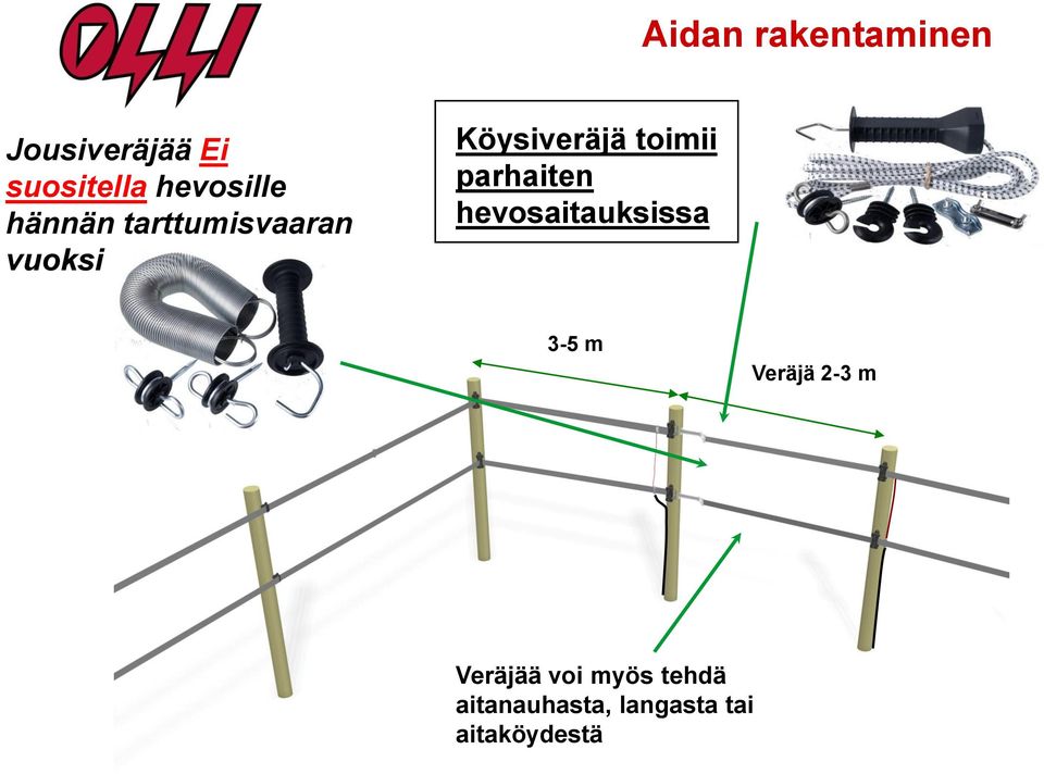 toimii parhaiten hevosaitauksissa 3-5 m Veräjä 2-3 m