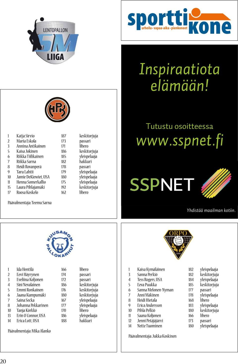 Päävalmentaja: Teemu Sarna 1 Ida Hentilä 166 libero 2 Eevi Häyrynen 174 passari 3 Eveliina Koljonen 172 passari 4 Sini Nevalainen 186 keskitorjuja 5 Emmi Ronkainen 176 keskitorjuja 6 Jaana Kumpumäki