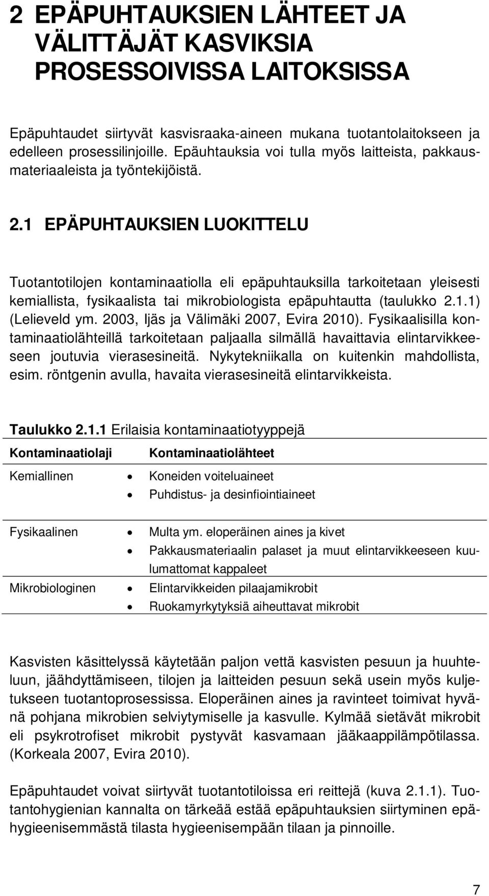 1 EPÄPUHTAUKSIEN LUOKITTELU Tuotantotilojen kontaminaatiolla eli epäpuhtauksilla tarkoitetaan yleisesti kemiallista, fysikaalista tai mikrobiologista epäpuhtautta (taulukko 2.1.1) (Lelieveld ym.