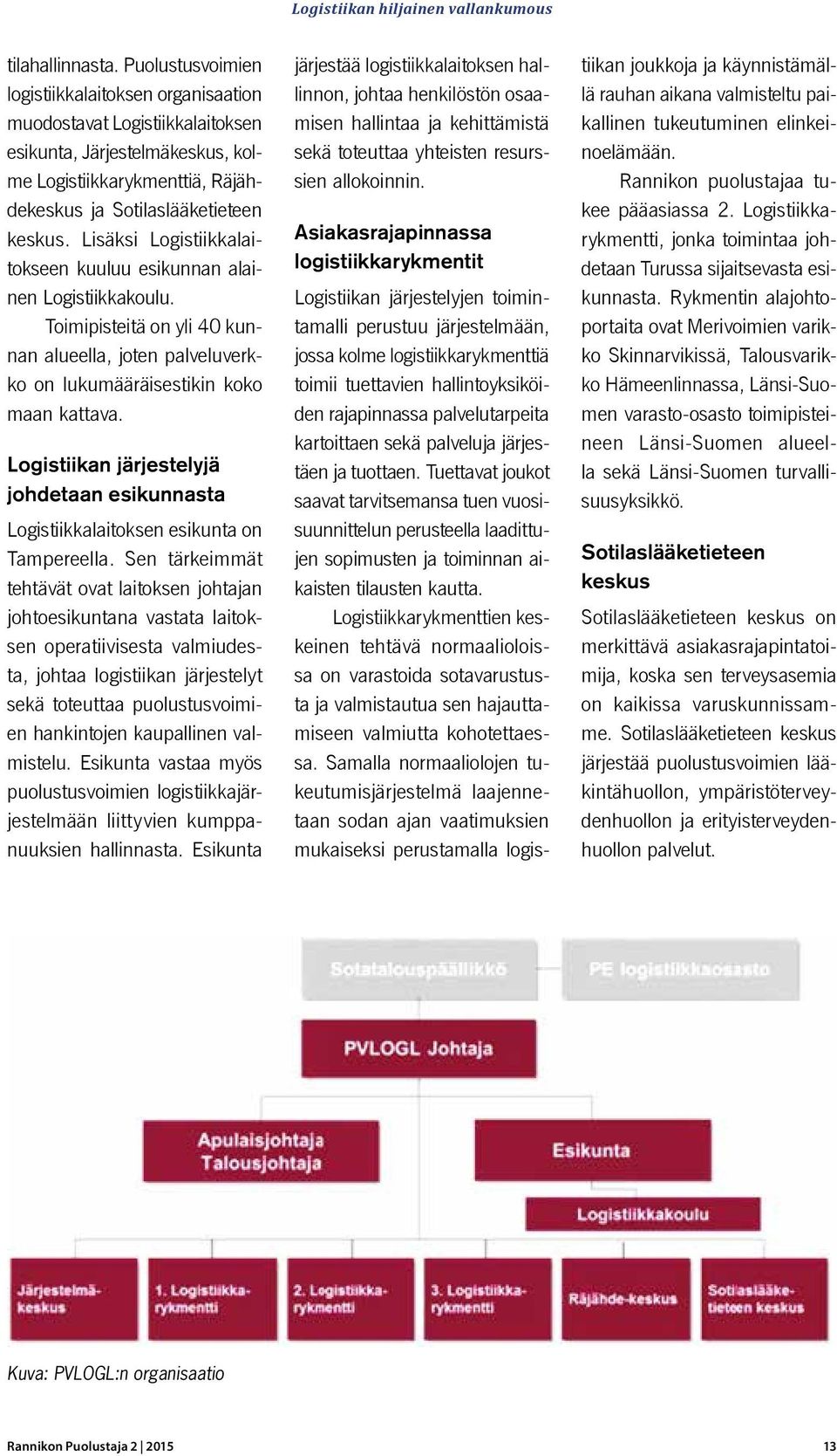 Lisäksi Logistiikkalaitokseen kuuluu esikunnan alainen Logistiikkakoulu. Toimipisteitä on yli 40 kunnan alueella, joten palveluverkko on lukumääräisestikin koko maan kattava.