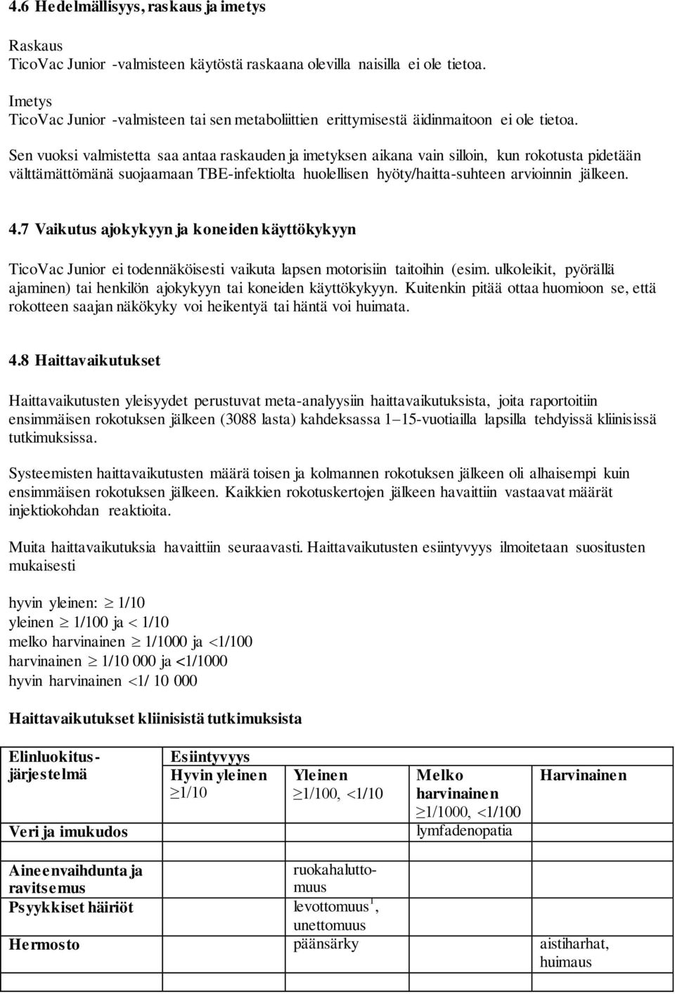 Sen vuoksi valmistetta saa antaa raskauden ja imetyksen aikana vain silloin, kun rokotusta pidetään välttämättömänä suojaamaan TBE-infektiolta huolellisen hyöty/haitta-suhteen arvioinnin jälkeen. 4.